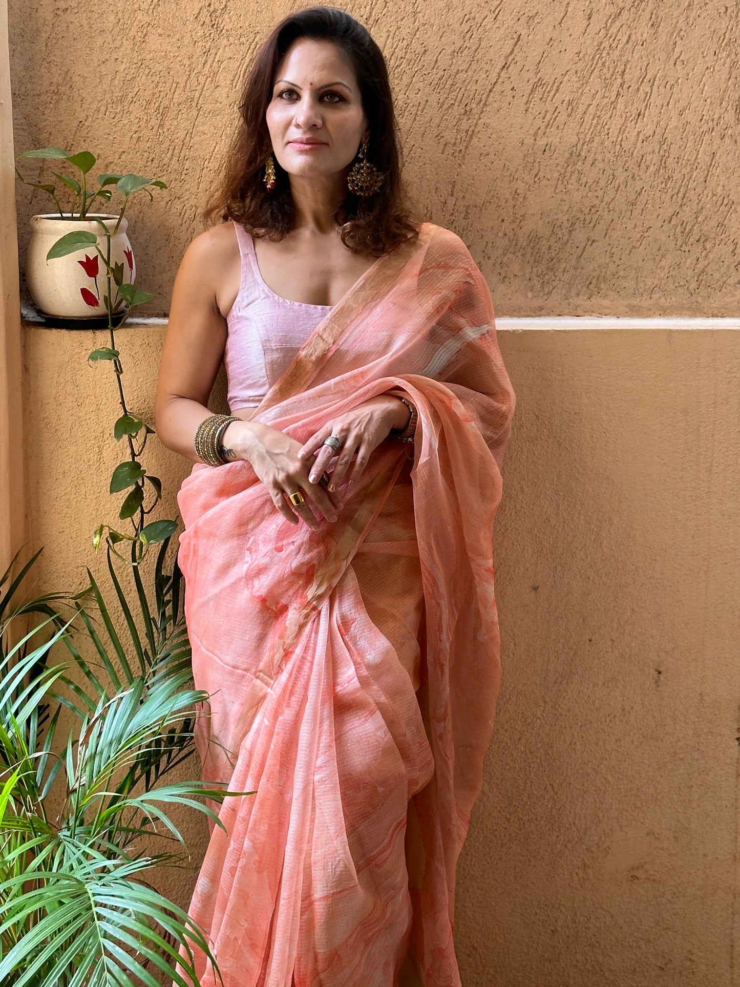 Peach Kota Silk Marble Hand Print Sari