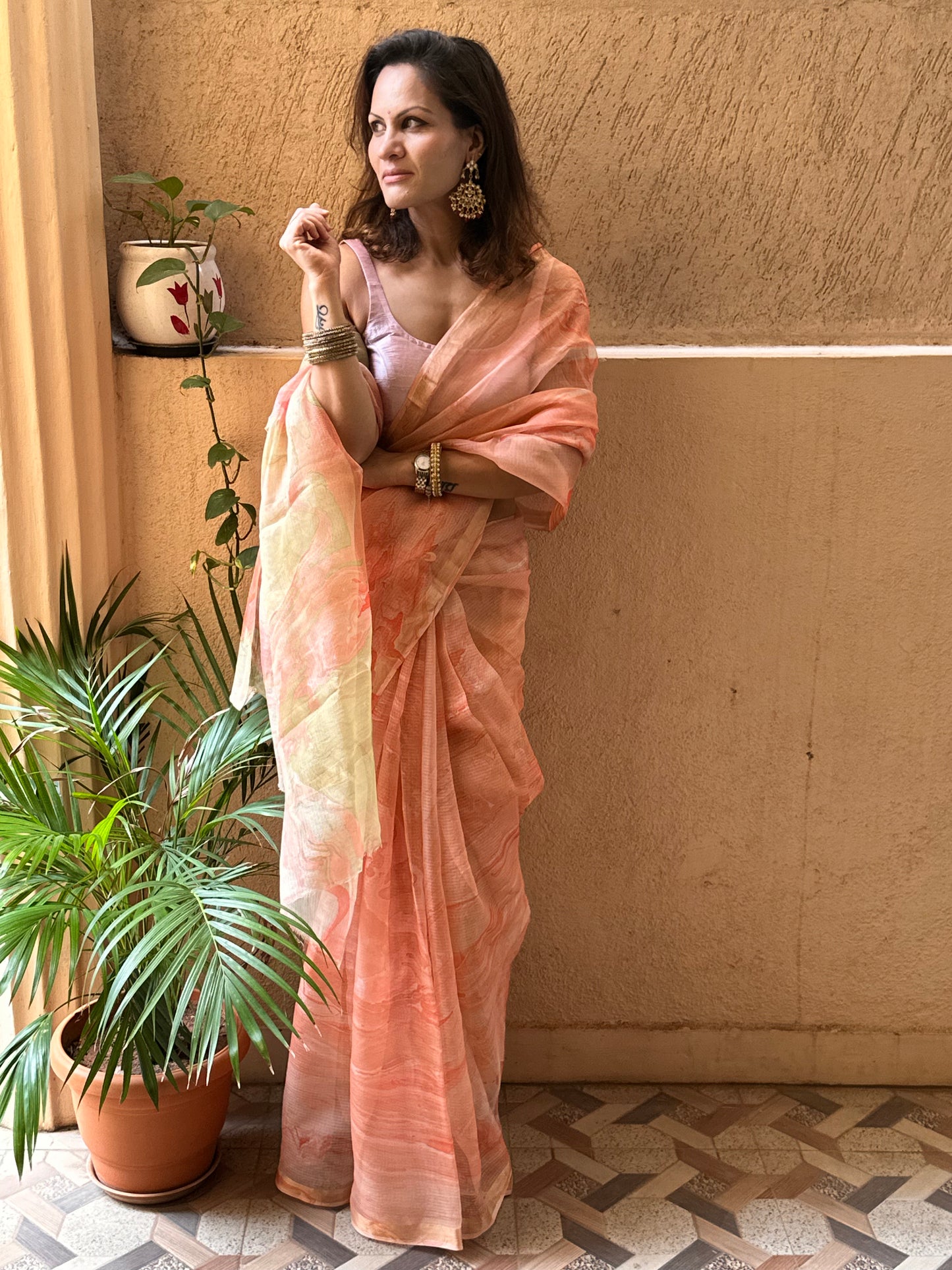 Peach Kota Silk Marble Hand Print Sari