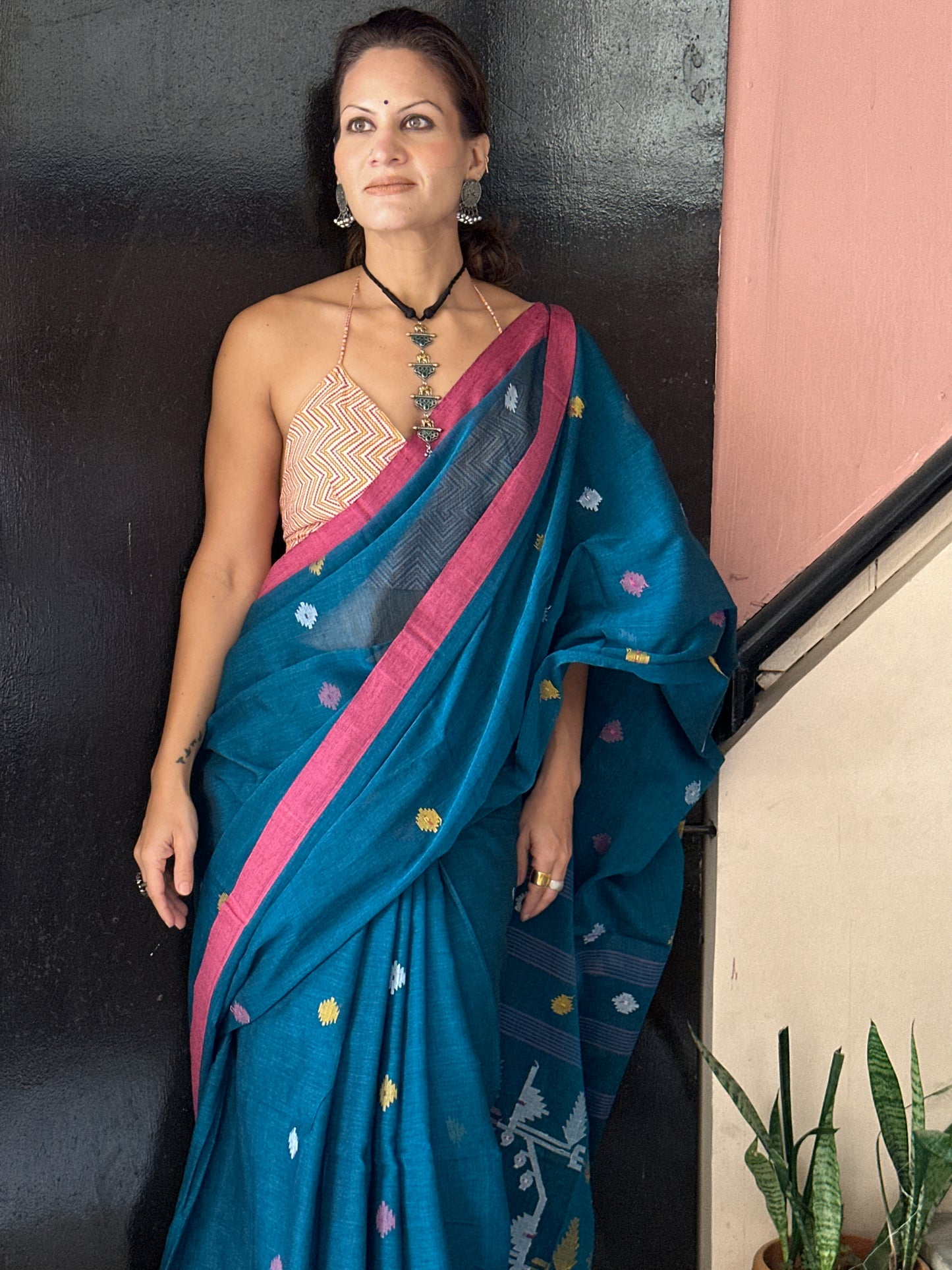 Blue Hand Spun Cotton Jamdani Sari with Intricate Needle Work & Border