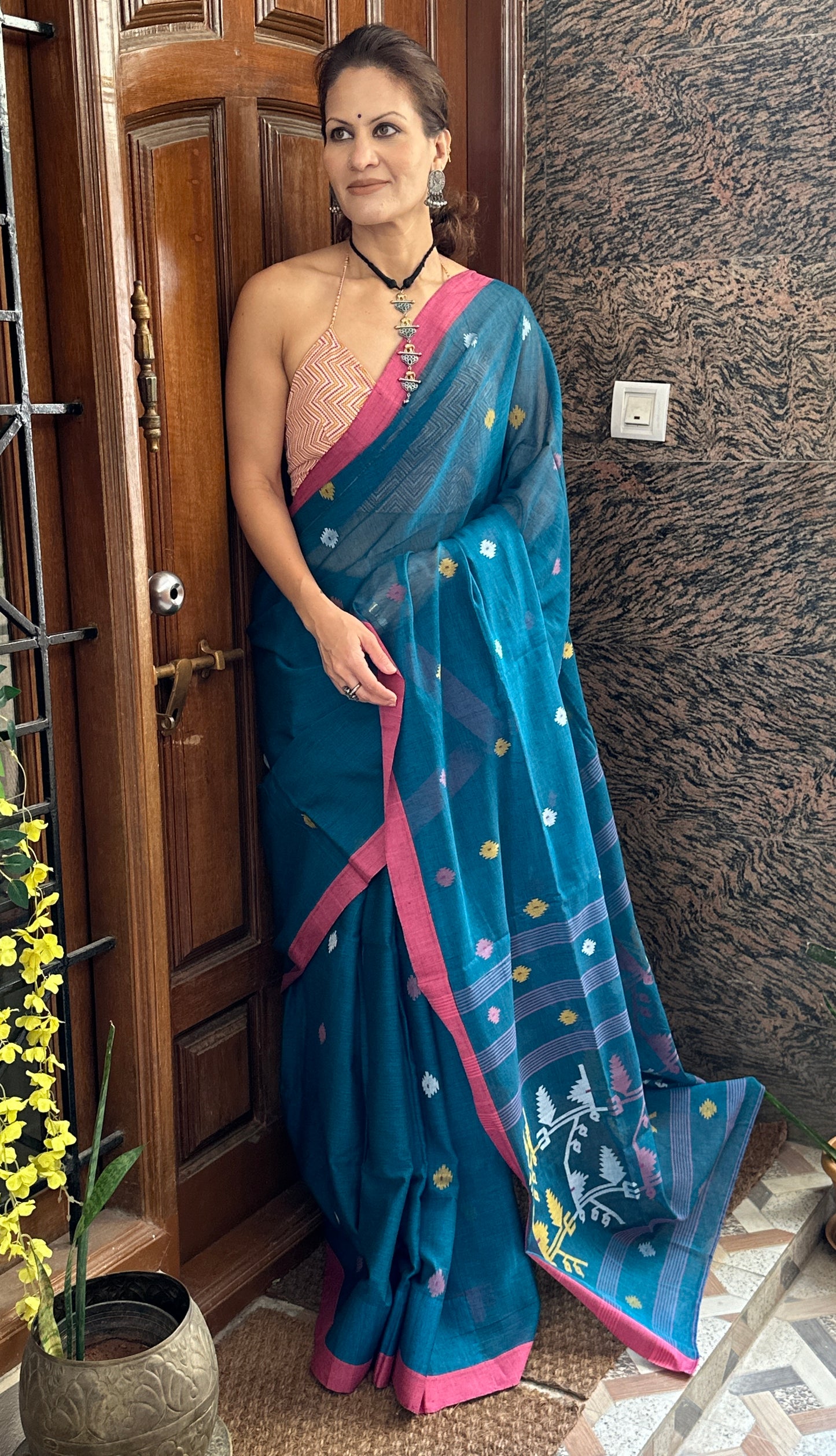 Blue Hand Spun Cotton Jamdani Sari with Intricate Needle Work & Border