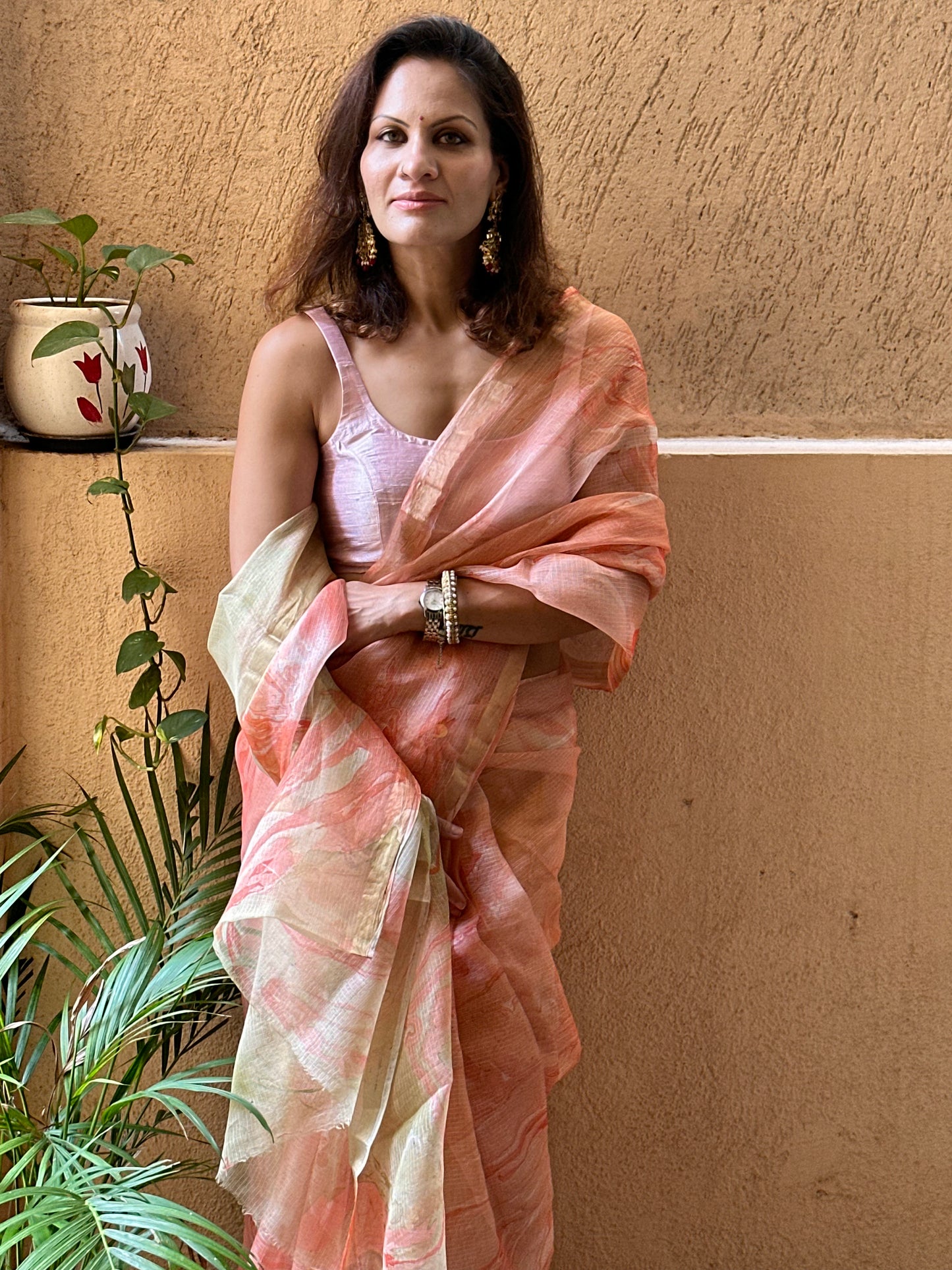 Peach Kota Silk Marble Hand Print Sari