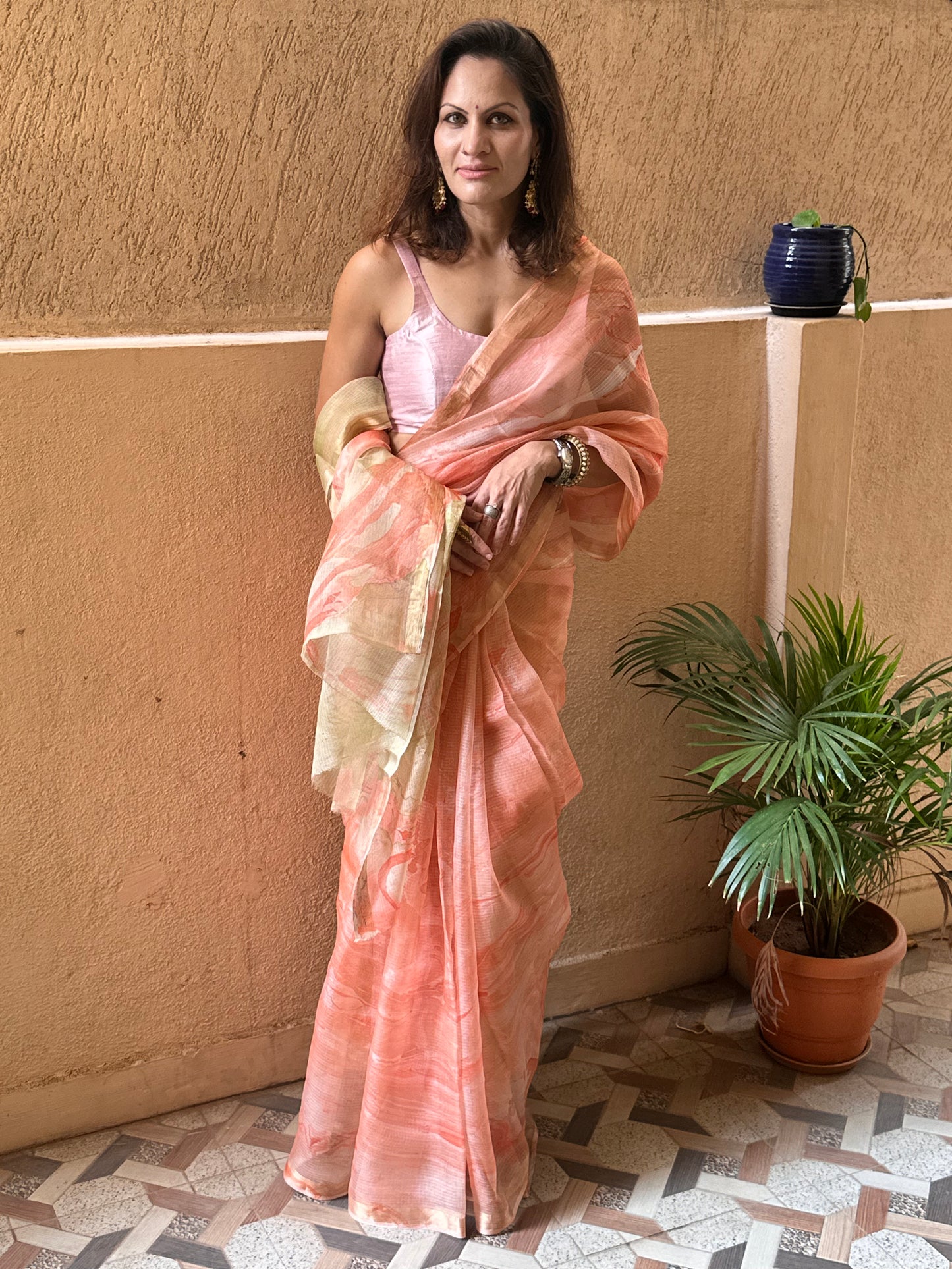 Peach Kota Silk Marble Hand Print Sari