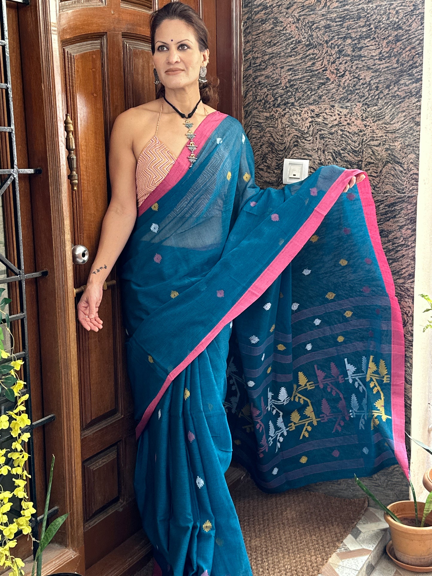 Blue Hand Spun Cotton Jamdani Sari with Intricate Needle Work & Border