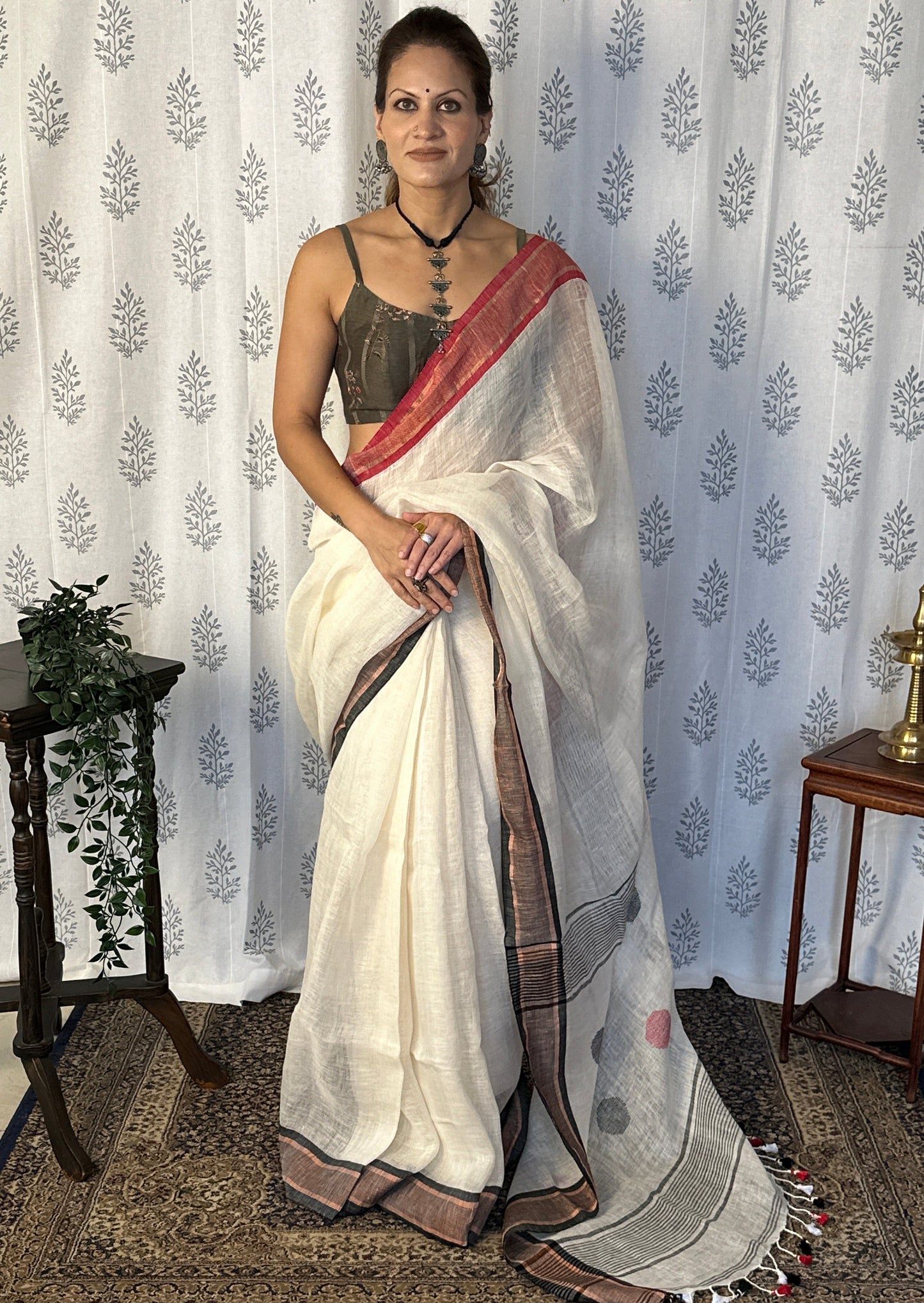 White Pure Linen Sari with Red & Black Border & Polka Dots