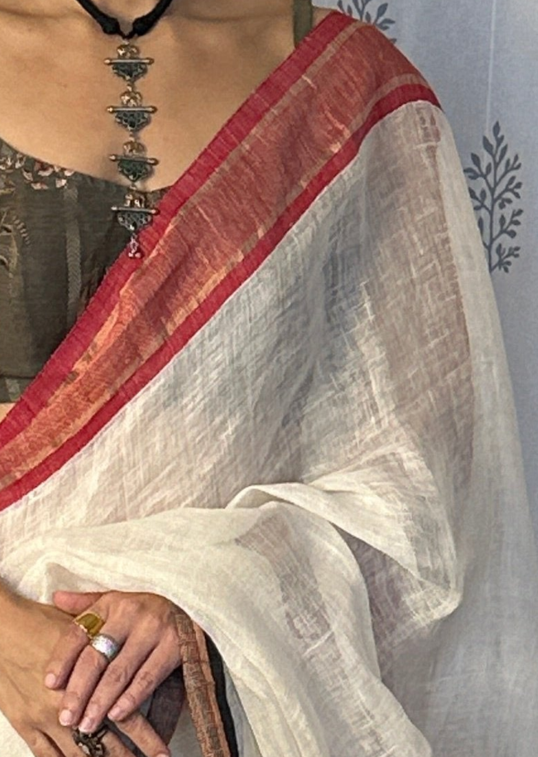 White Pure Linen Sari with Red & Black Border & Polka Dots