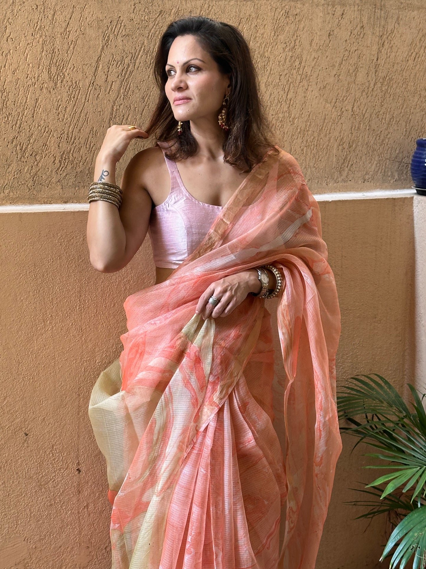 Peach Kota Silk Marble Hand Print Sari