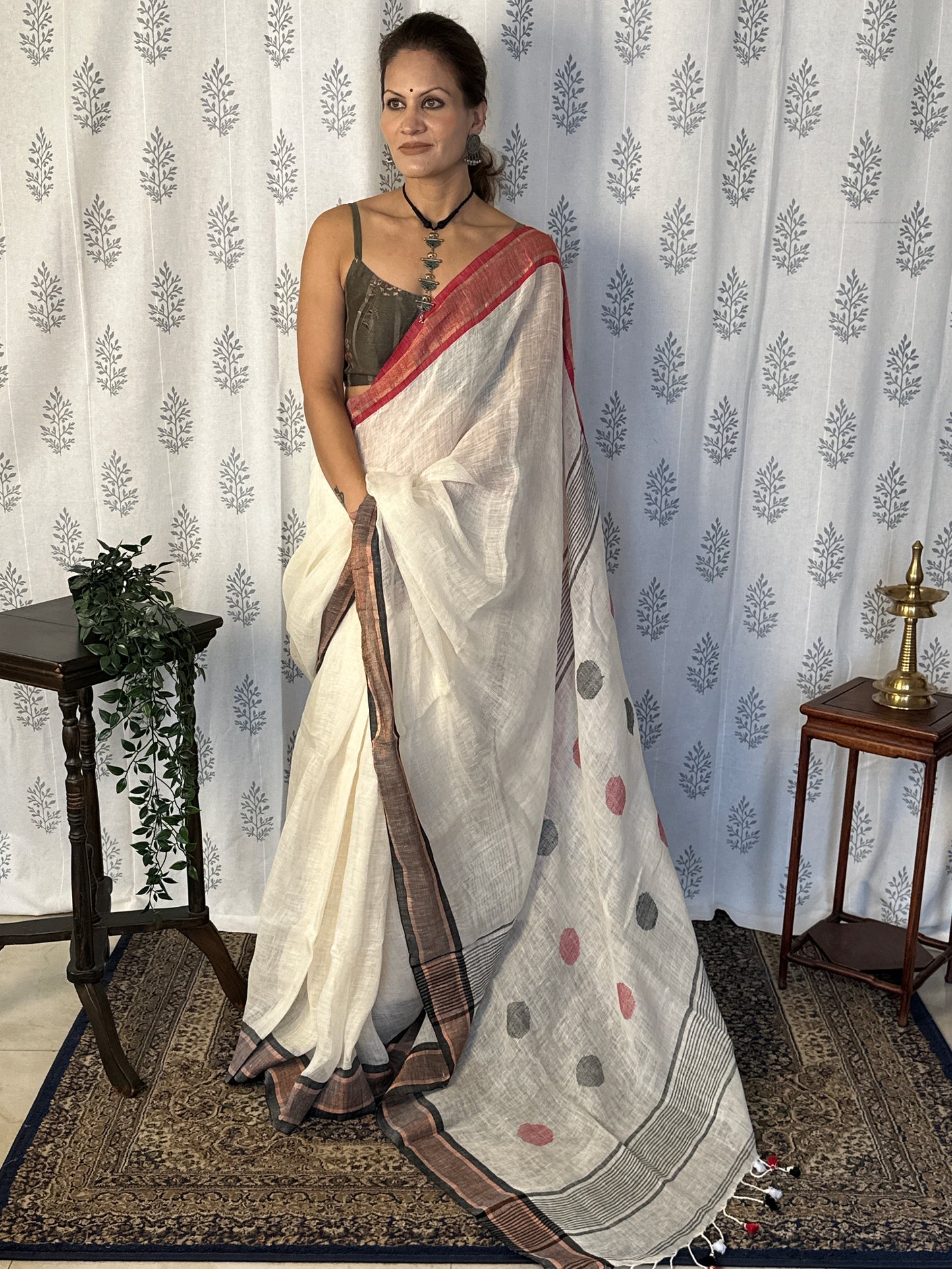 White Pure Linen Sari with Red & Black Border & Polka Dots