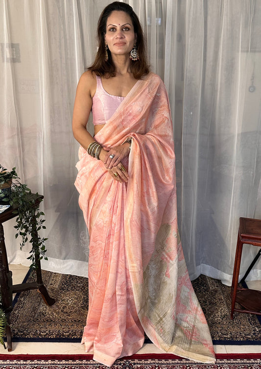 Pink & White Hand Dyed Maheshwari Sari with Marble Hand Print