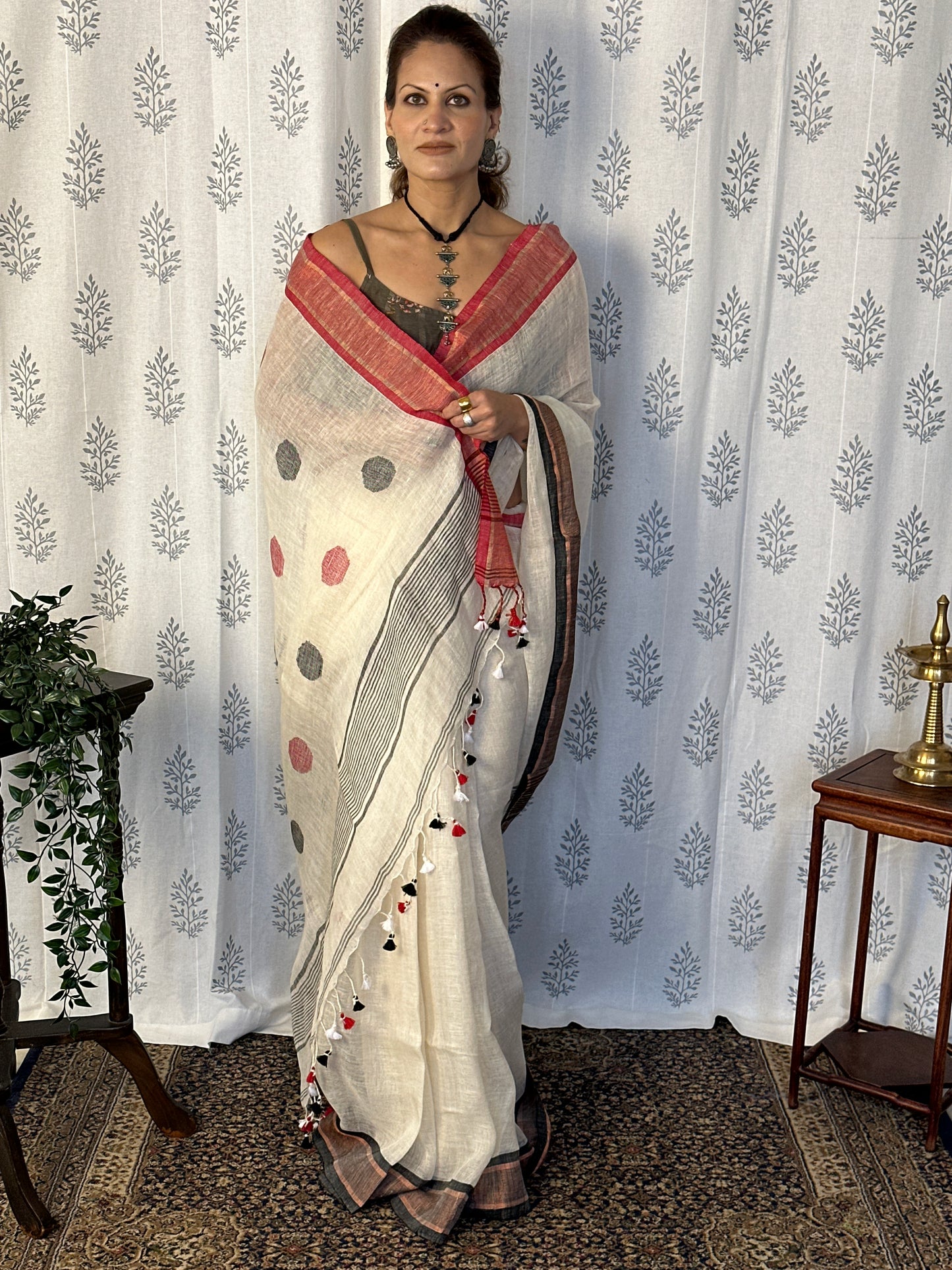 White Pure Linen Sari with Red & Black Border & Polka Dots