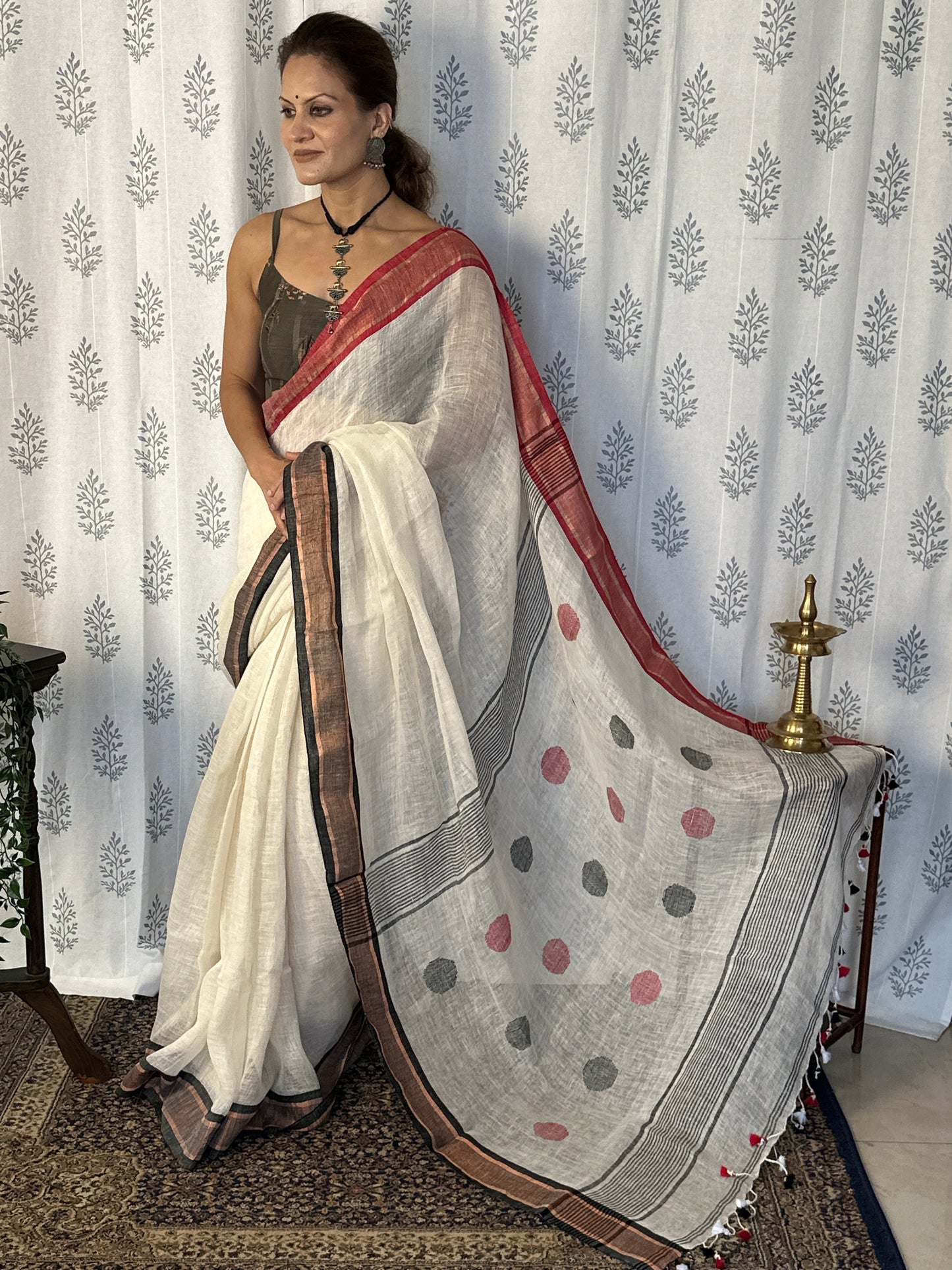 White Pure Linen Sari with Red & Black Border & Polka Dots