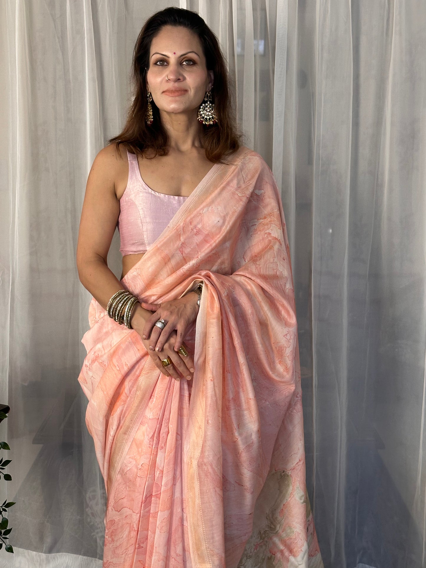 Pink & White Hand Dyed Maheshwari Sari with Marble Hand Print