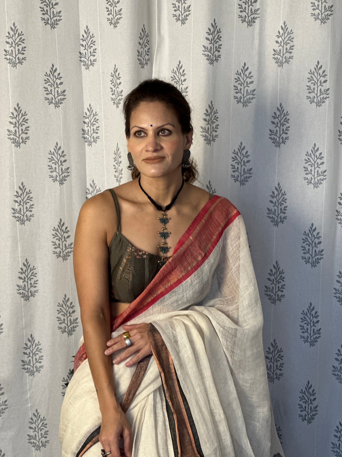 White Pure Linen Sari with Red & Black Border & Polka Dots