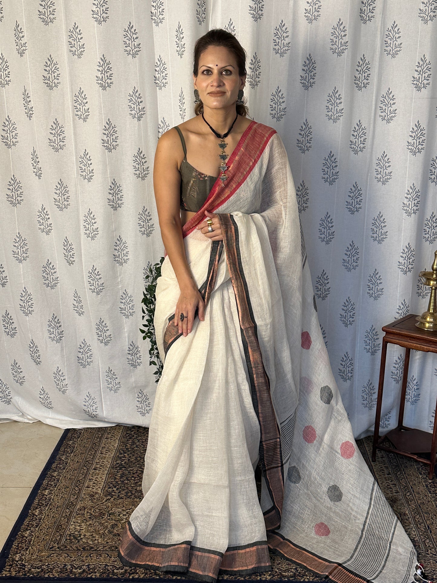 White Pure Linen Sari with Red & Black Border & Polka Dots