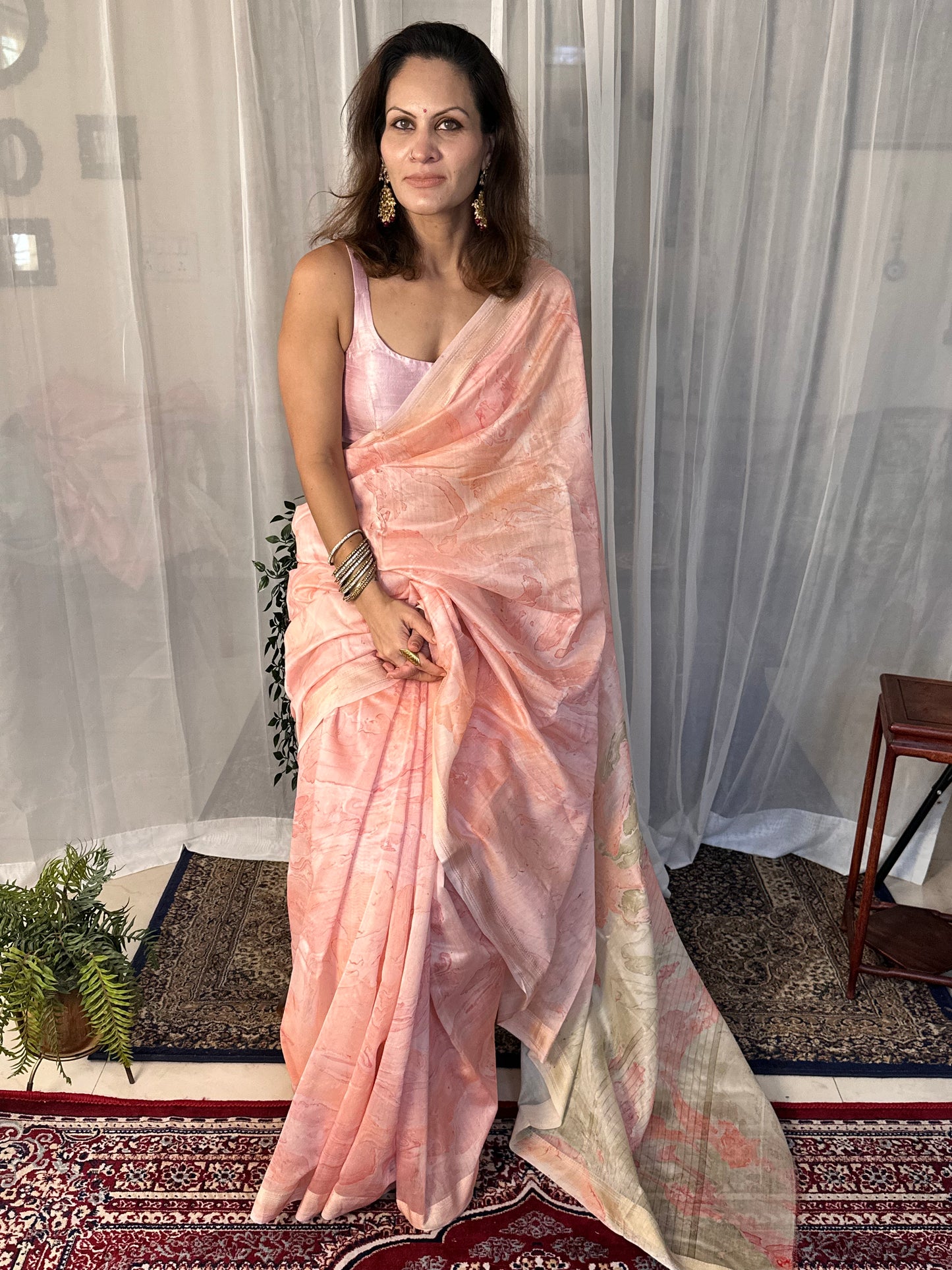 Pink & White Hand Dyed Maheshwari Sari with Marble Hand Print