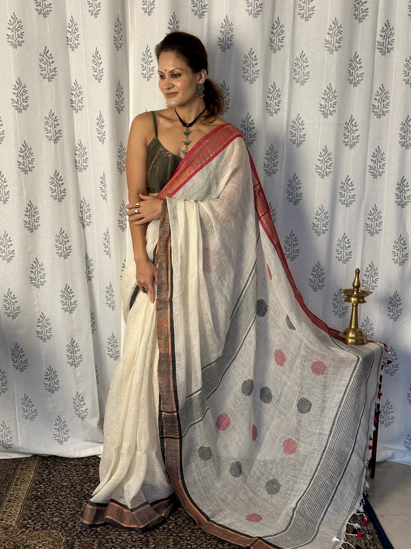 White Pure Linen Sari with Red & Black Border & Polka Dots