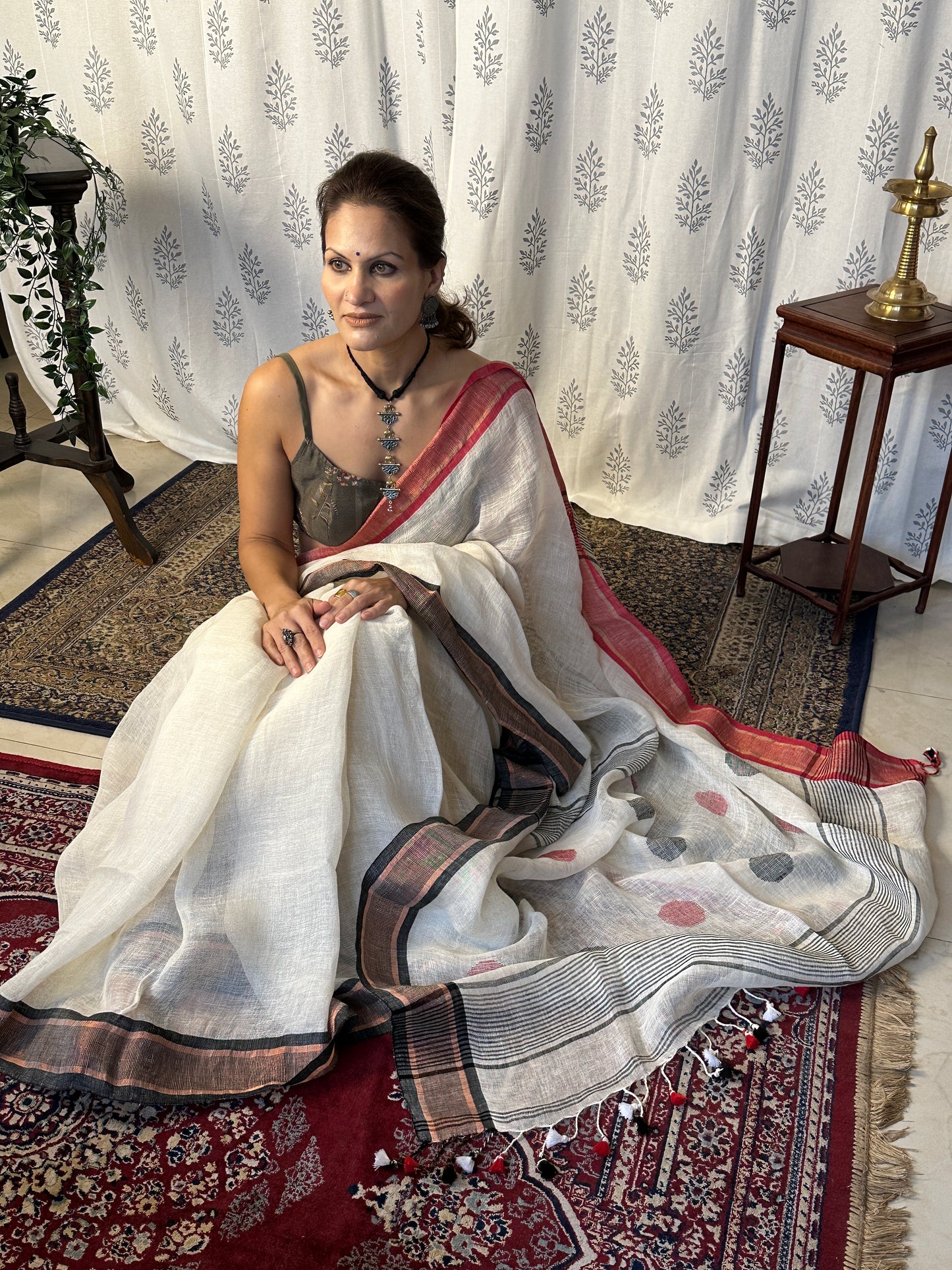 White Pure Linen Sari with Red & Black Border & Polka Dots