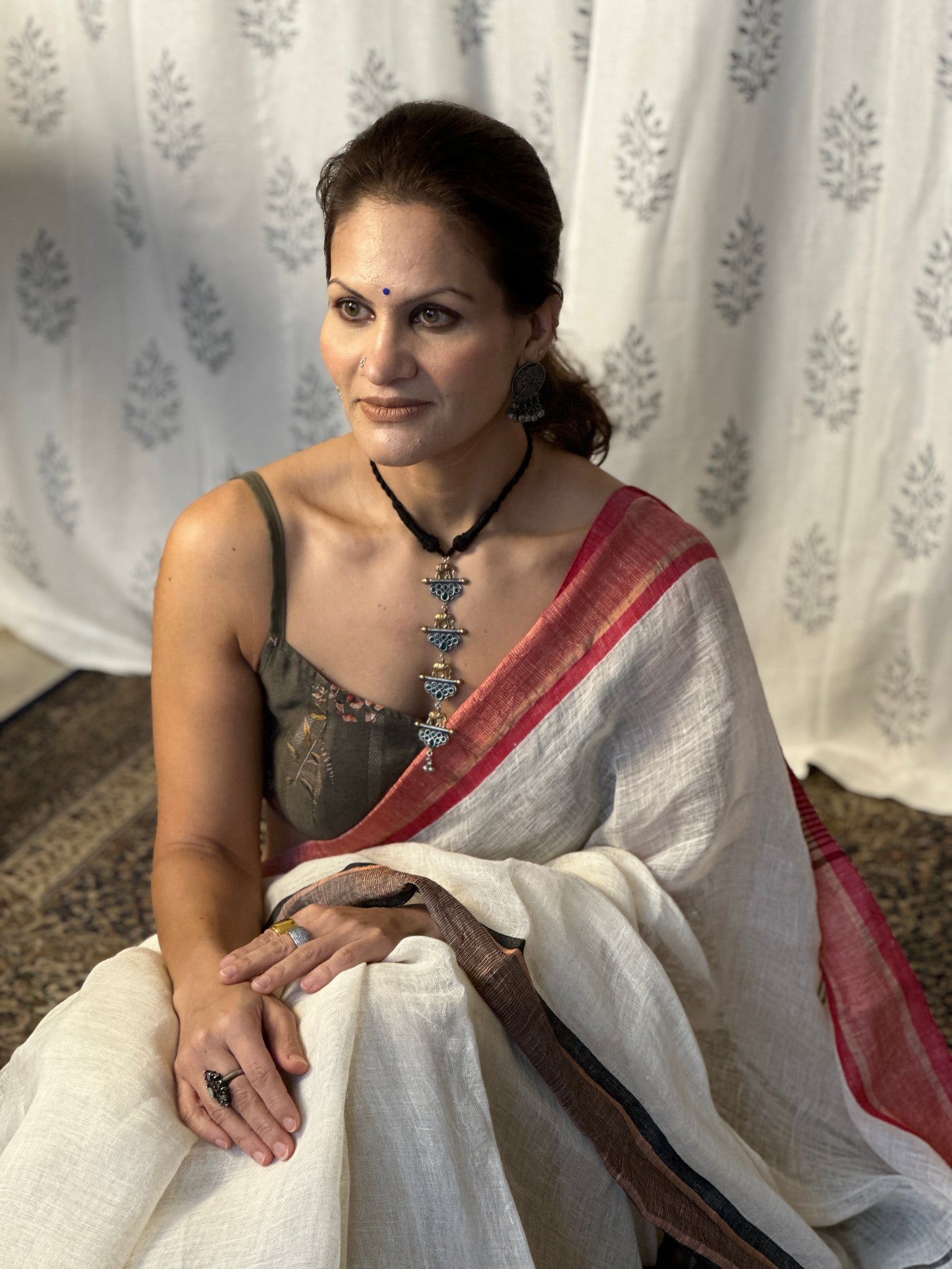 White Pure Linen Sari with Red & Black Border & Polka Dots