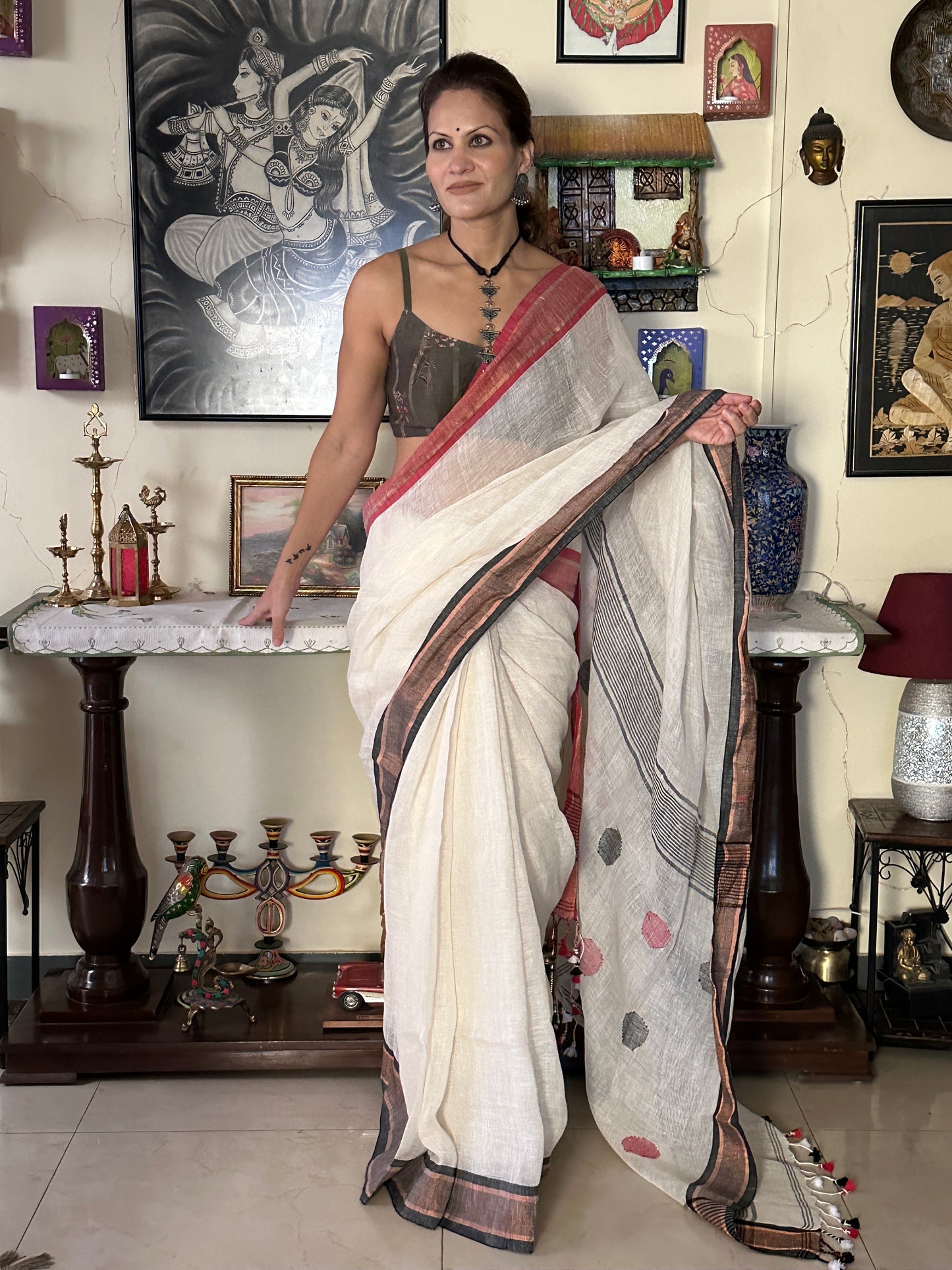 White Pure Linen Sari with Red & Black Border & Polka Dots