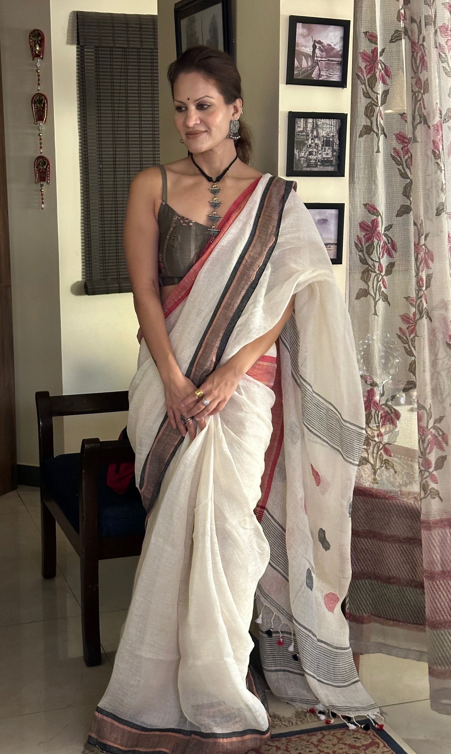 White Pure Linen Sari with Red & Black Border & Polka Dots