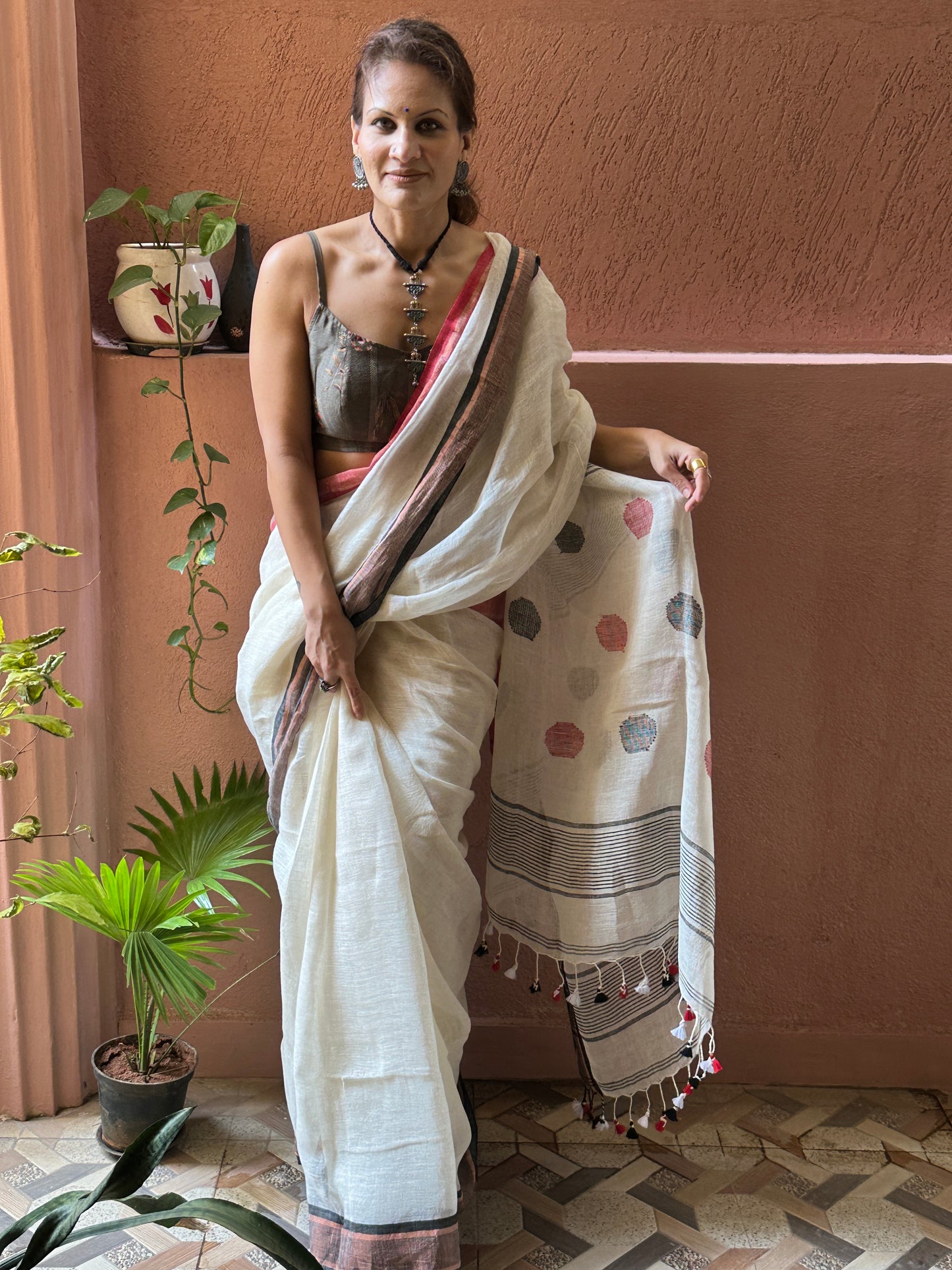 White Pure Linen Sari with Red & Black Border & Polka Dots