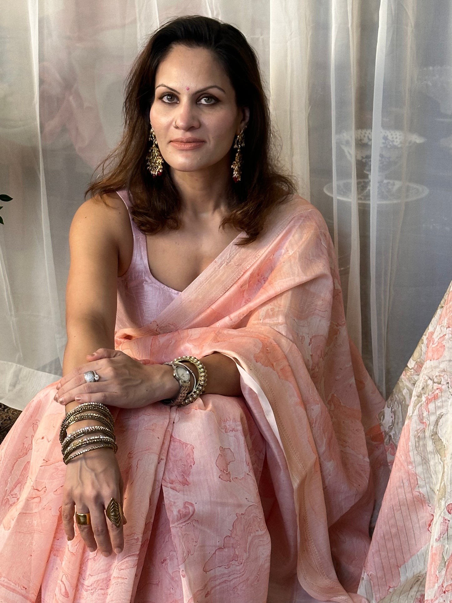 Pink & White Hand Dyed Maheshwari Sari with Marble Hand Print