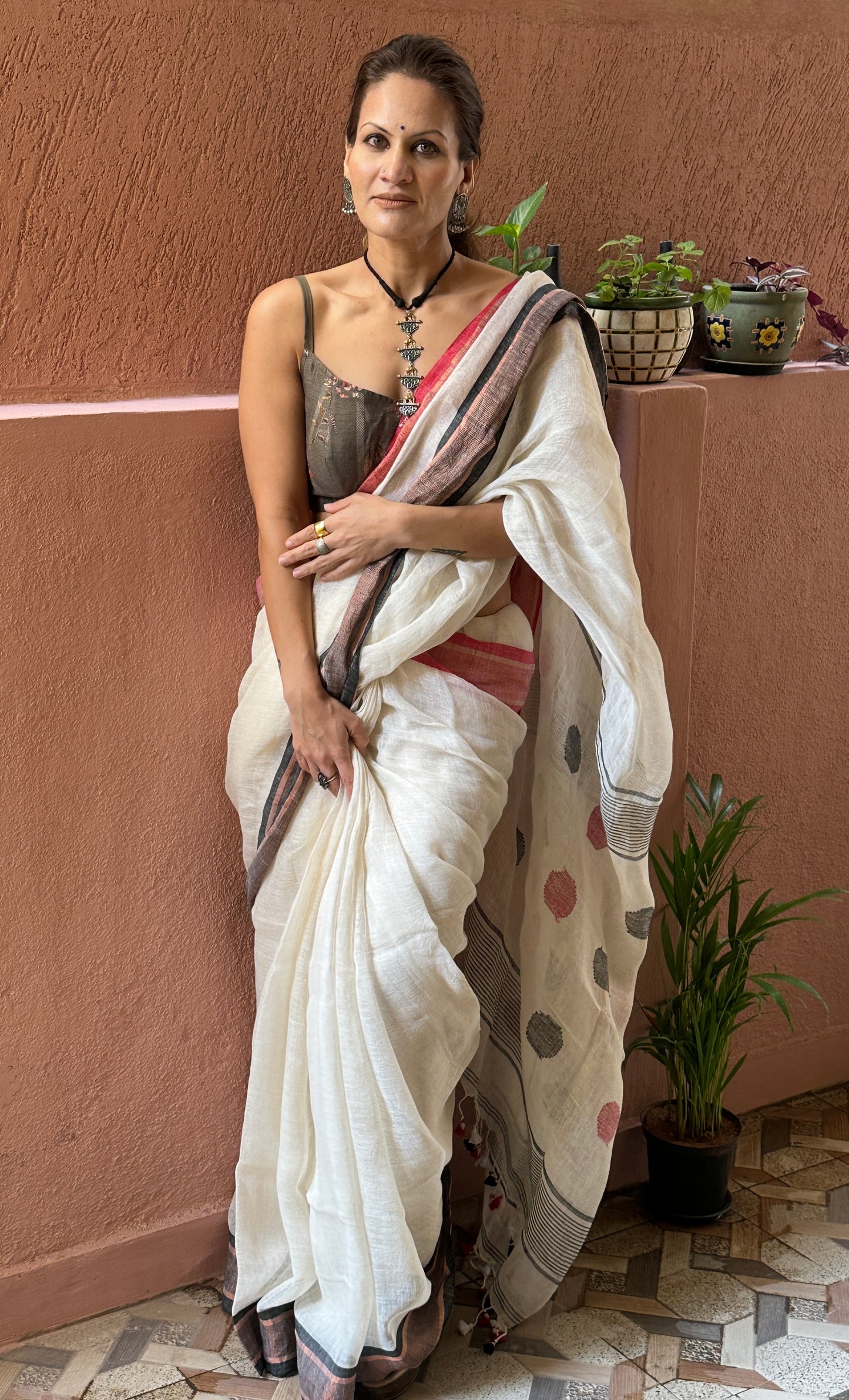 White Pure Linen Sari with Red & Black Border & Polka Dots