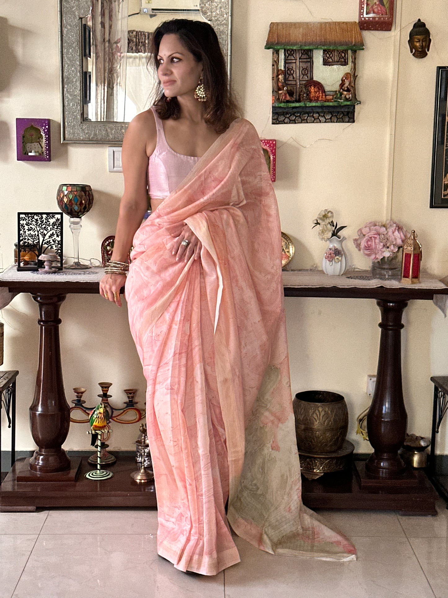 Pink & White Hand Dyed Maheshwari Sari with Marble Hand Print