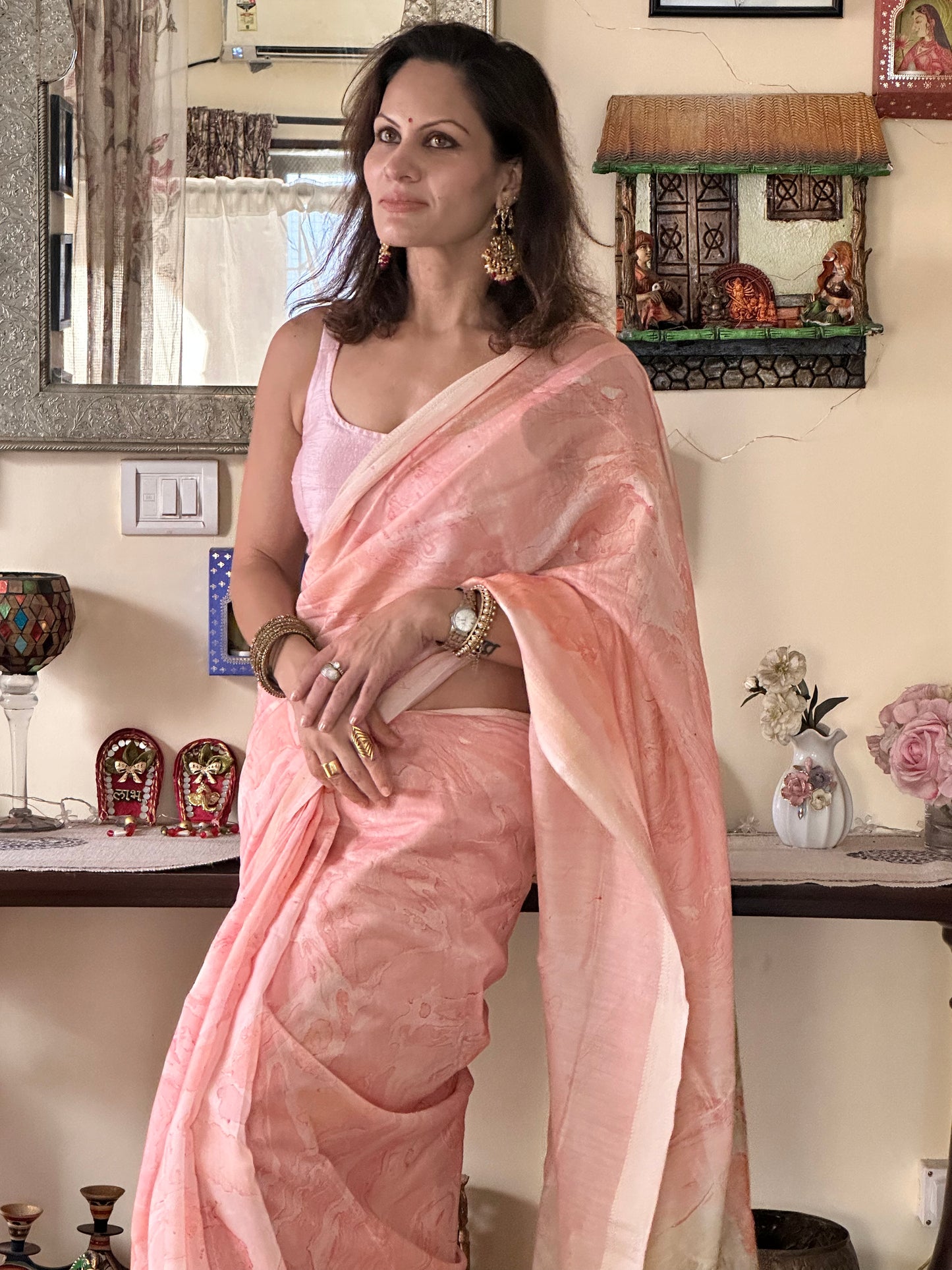 Pink & White Hand Dyed Maheshwari Sari with Marble Hand Print