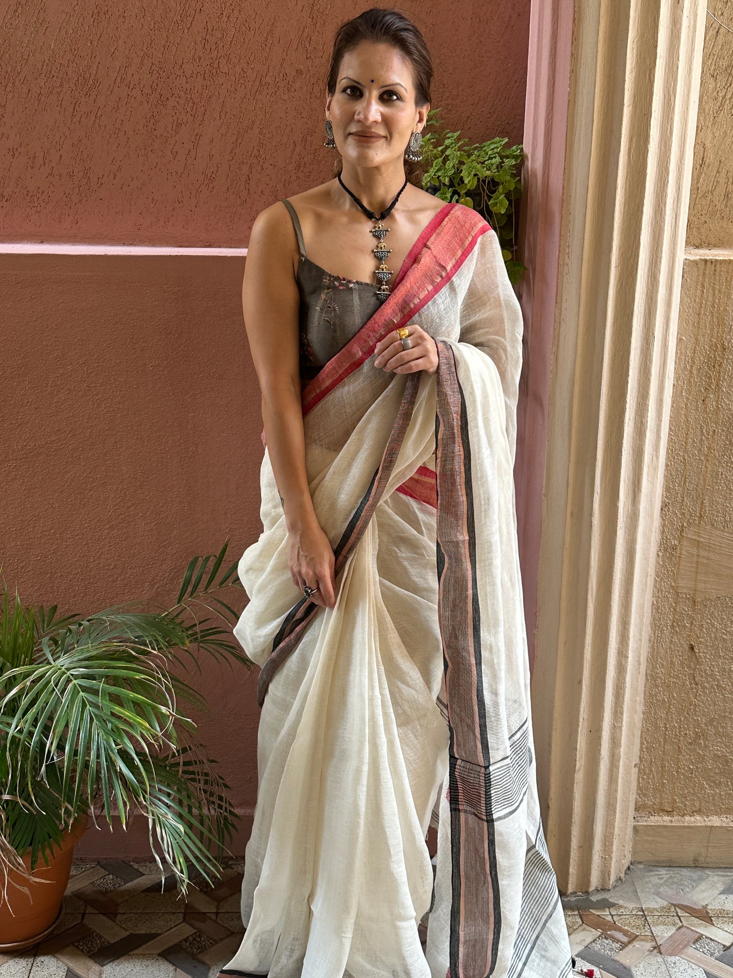 White Pure Linen Sari with Red & Black Border & Polka Dots