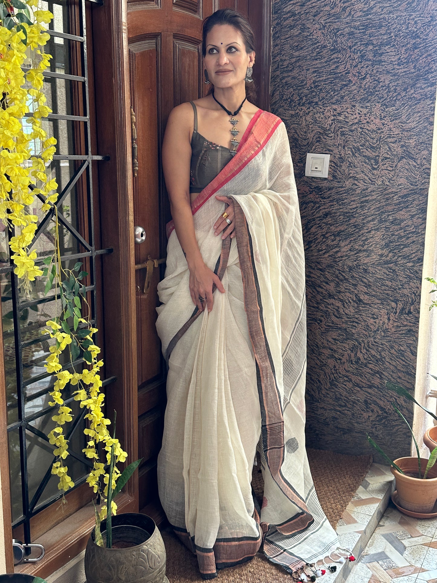 White Pure Linen Sari with Red & Black Border & Polka Dots