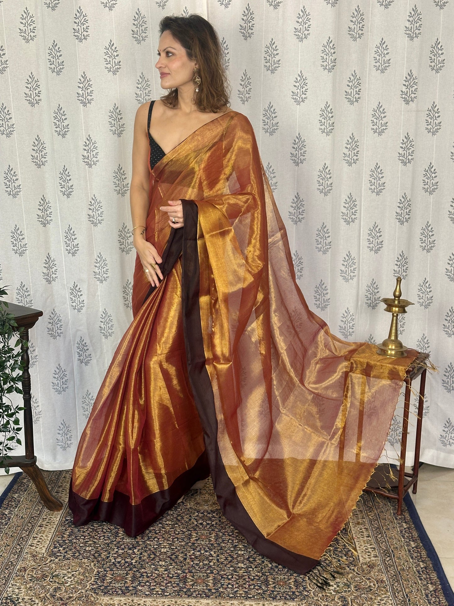 Copper Pure Mul Mul Handwoven Tissue Cotton Saree with Thick Black Border