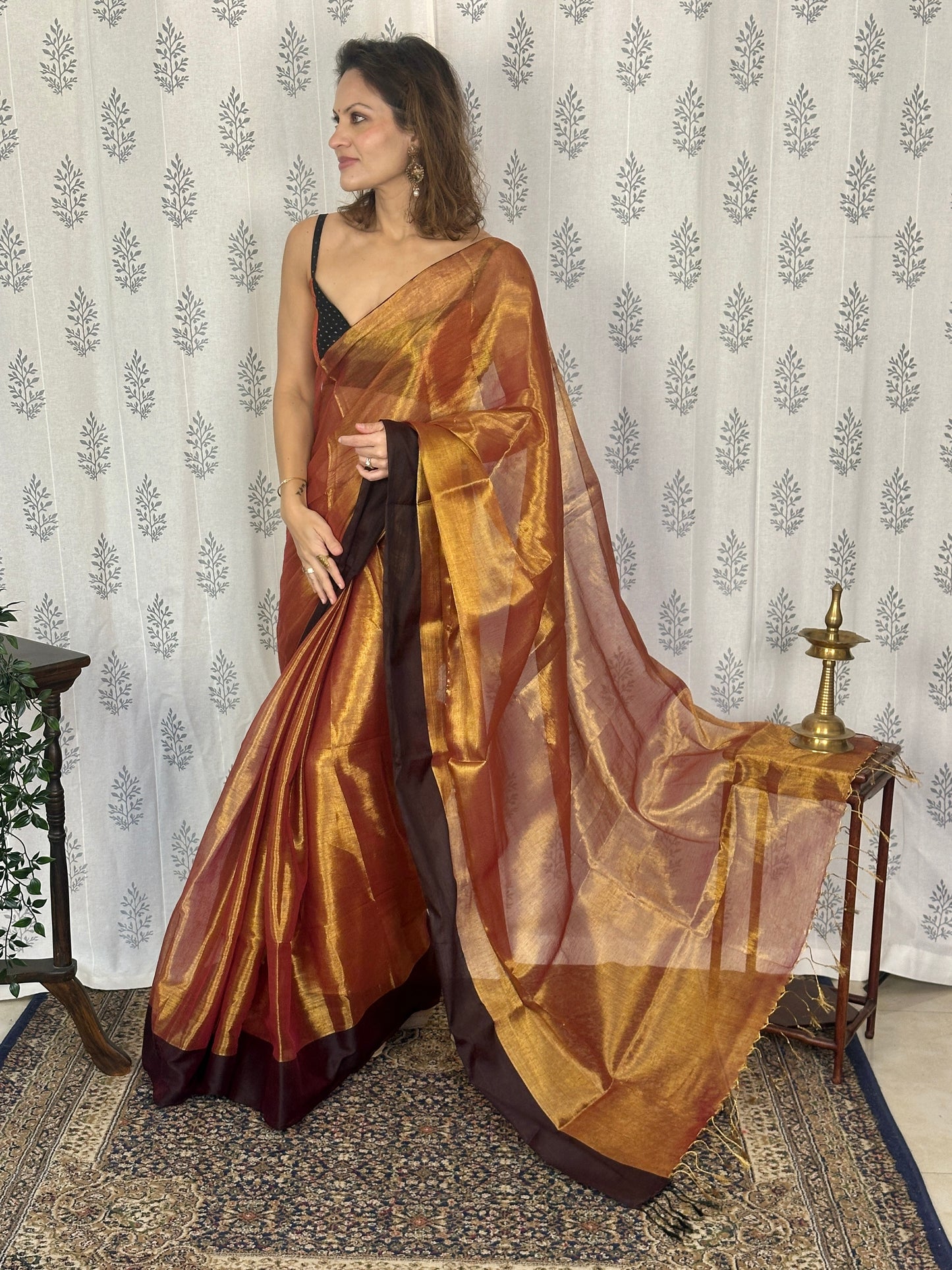 Copper Pure Mul Mul Handwoven Tissue Cotton Saree with Thick Black Border