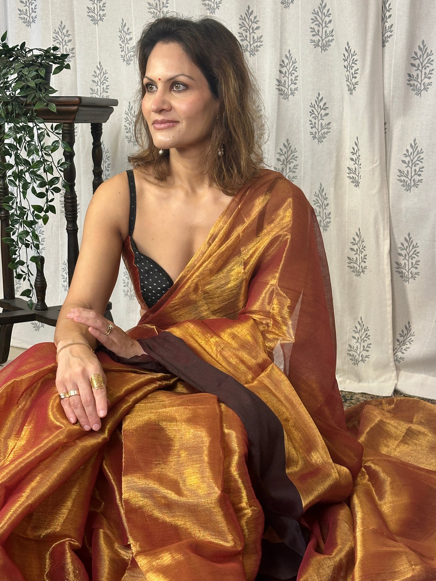 Copper Pure Mul Mul Handwoven Tissue Cotton Saree with Thick Black Border