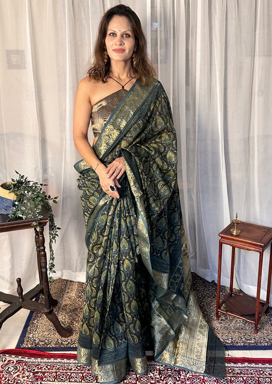 Indigo Green Natural Vanaspati Block Print Maheshwari Sari with Full Zari Pallu