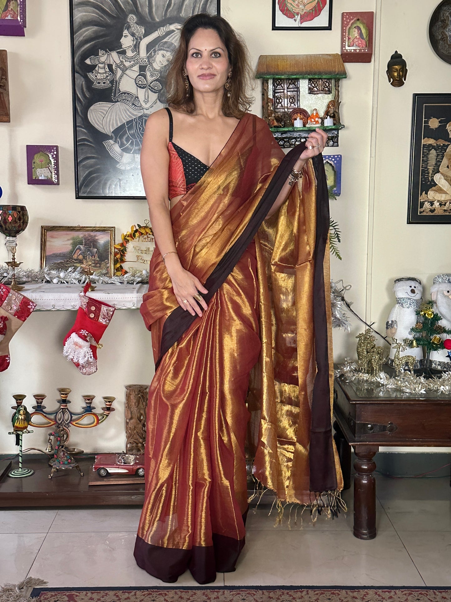 Copper Pure Mul Mul Handwoven Tissue Cotton Saree with Thick Black Border