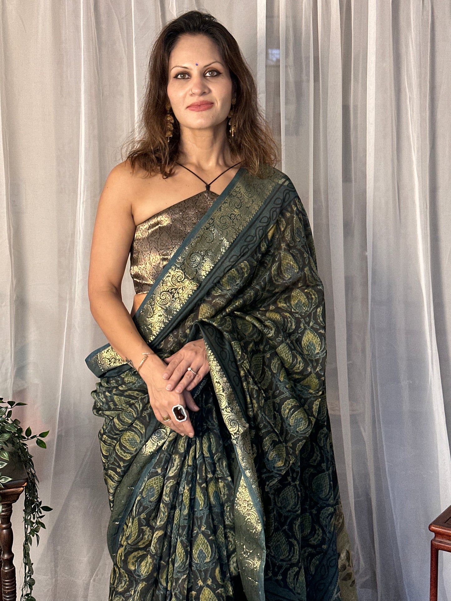 Indigo Green Natural Vanaspati Block Print Maheshwari Sari with Full Zari Pallu