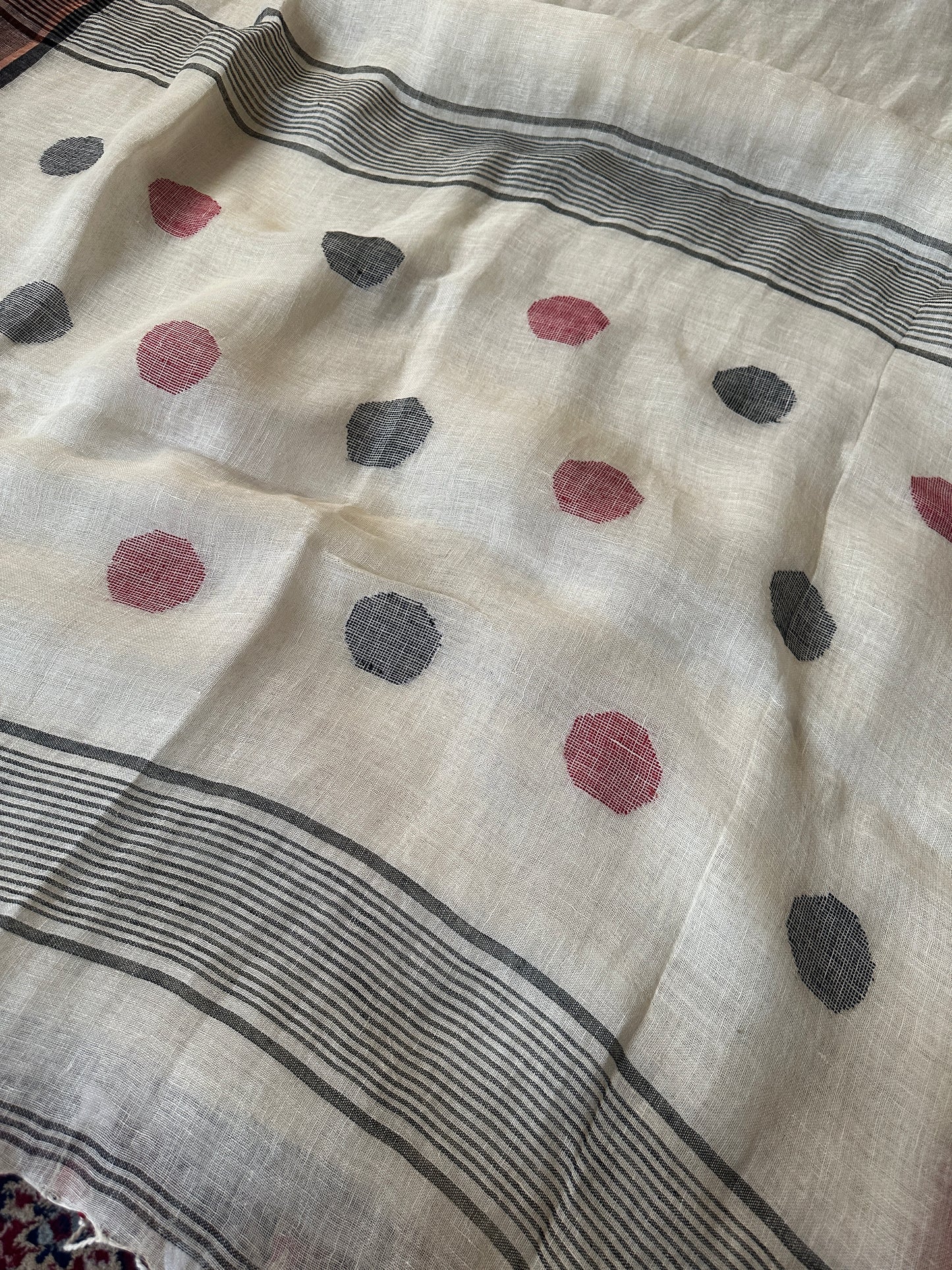 White Pure Linen Sari with Red & Black Border & Polka Dots