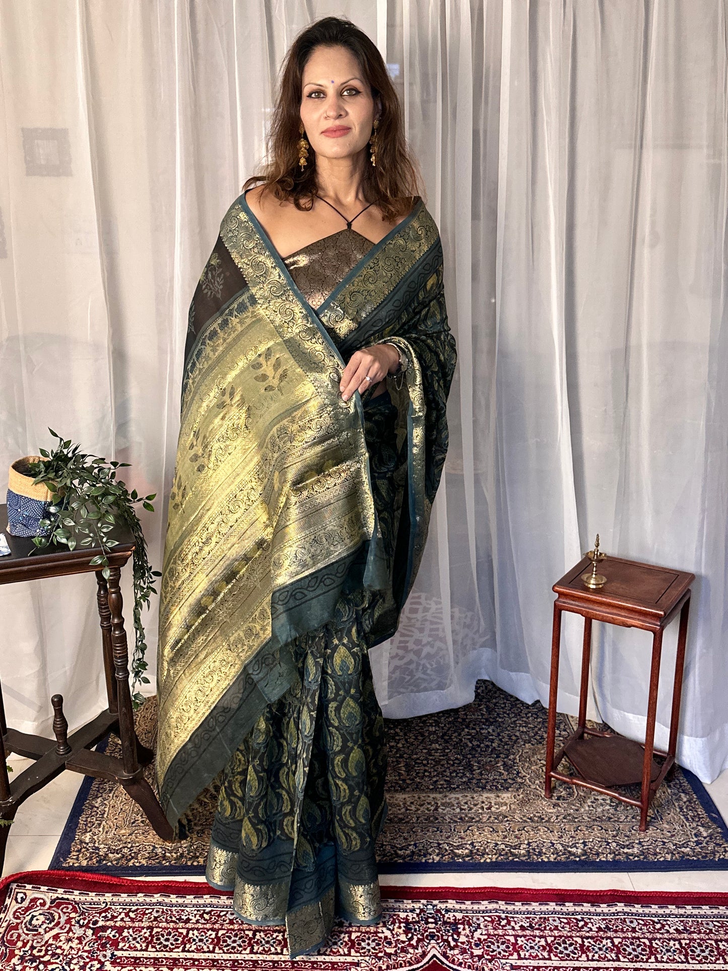 Indigo Green Natural Vanaspati Block Print Maheshwari Sari with Full Zari Pallu