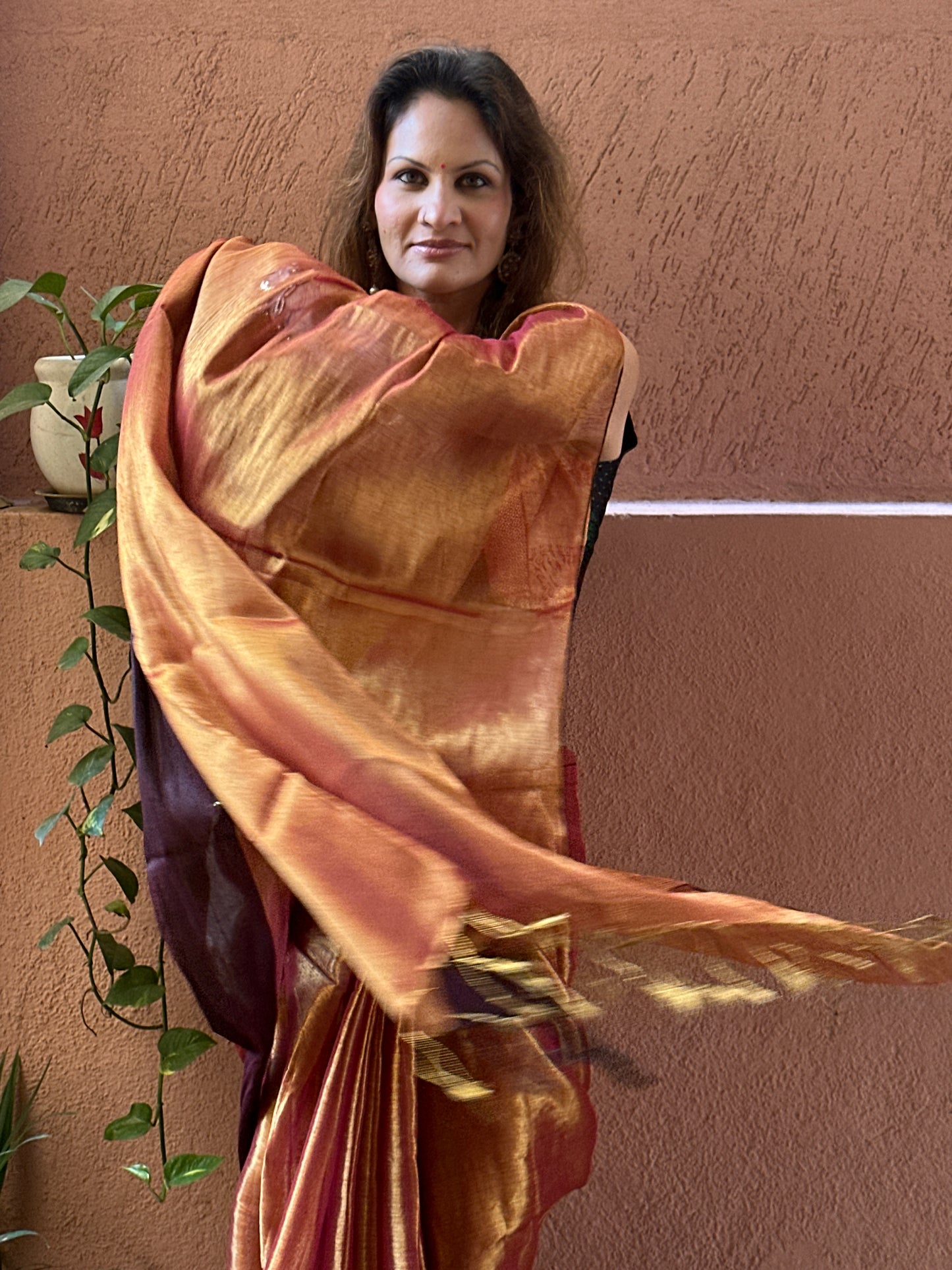 Copper Pure Mul Mul Handwoven Tissue Cotton Saree with Thick Black Border