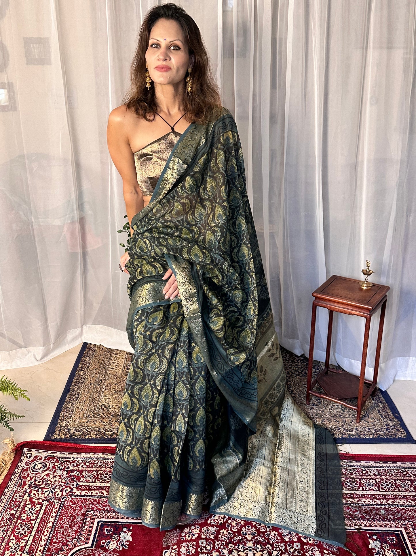 Indigo Green Natural Vanaspati Block Print Maheshwari Sari with Full Zari Pallu