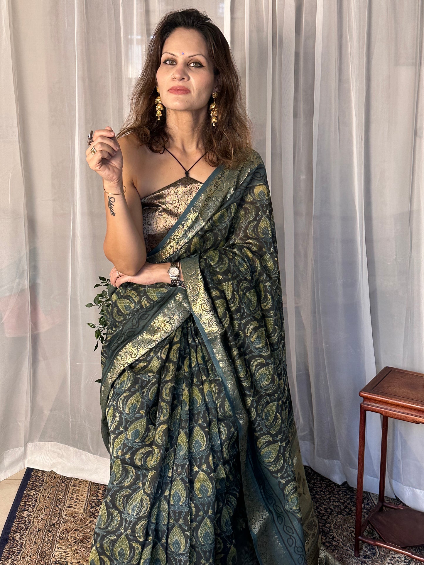 Indigo Green Natural Vanaspati Block Print Maheshwari Sari with Full Zari Pallu