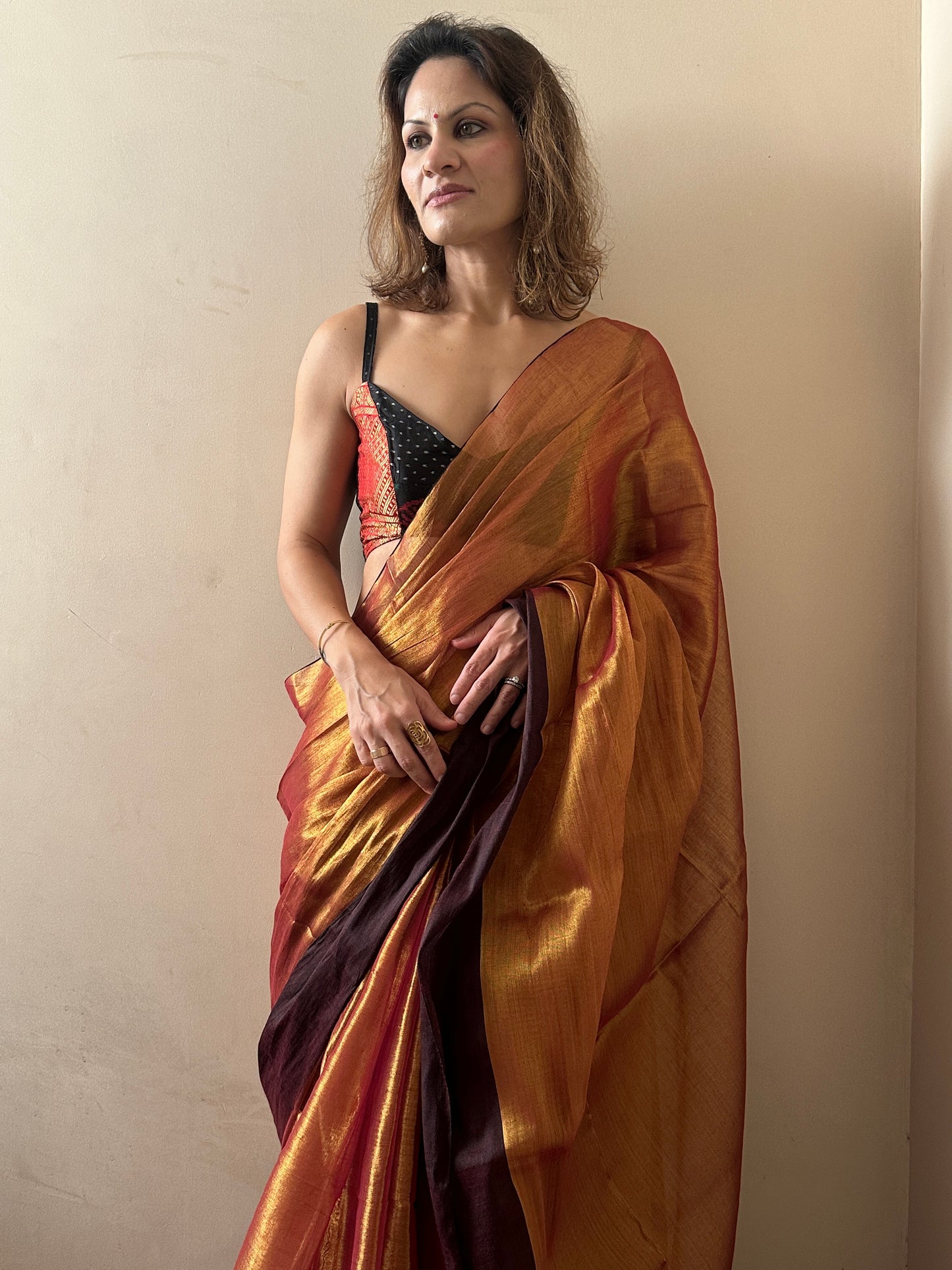 Copper Pure Mul Mul Handwoven Tissue Cotton Saree with Thick Black Border