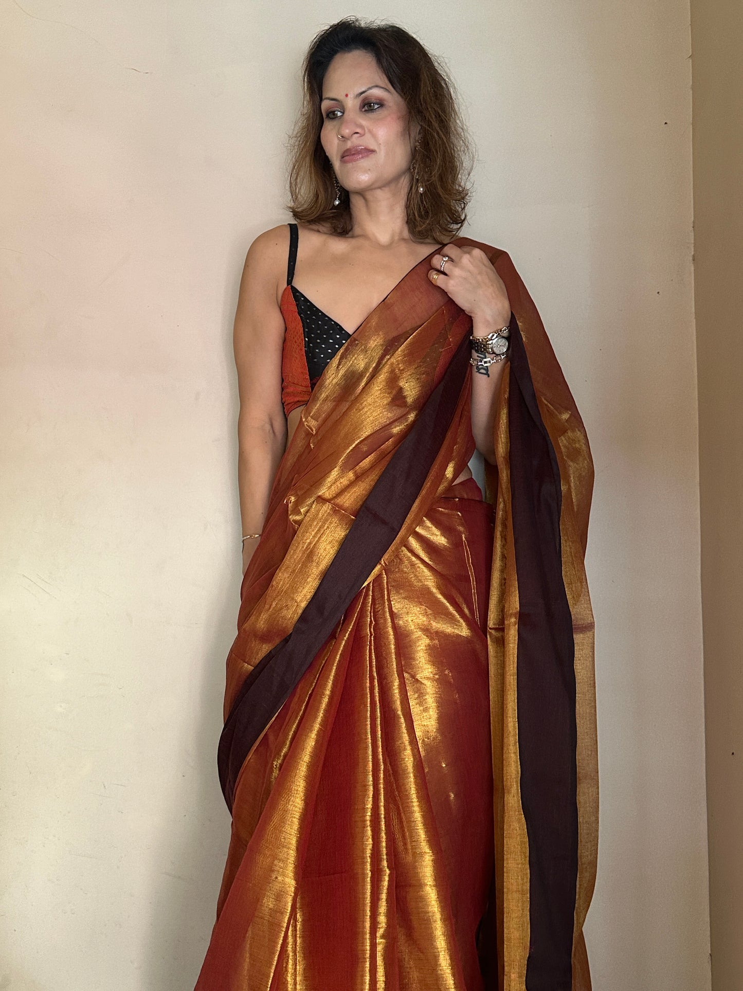 Copper Pure Mul Mul Handwoven Tissue Cotton Saree with Thick Black Border