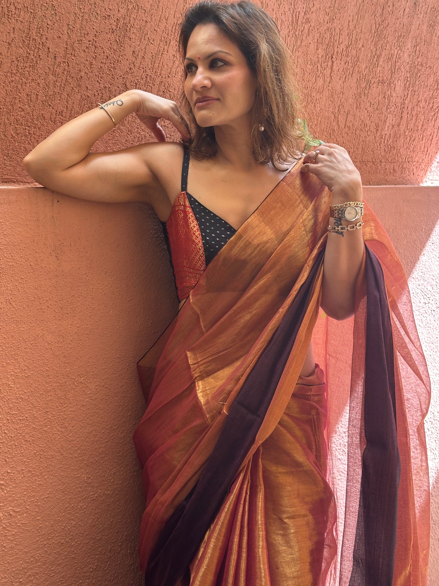 Copper Pure Mul Mul Handwoven Tissue Cotton Saree with Thick Black Border