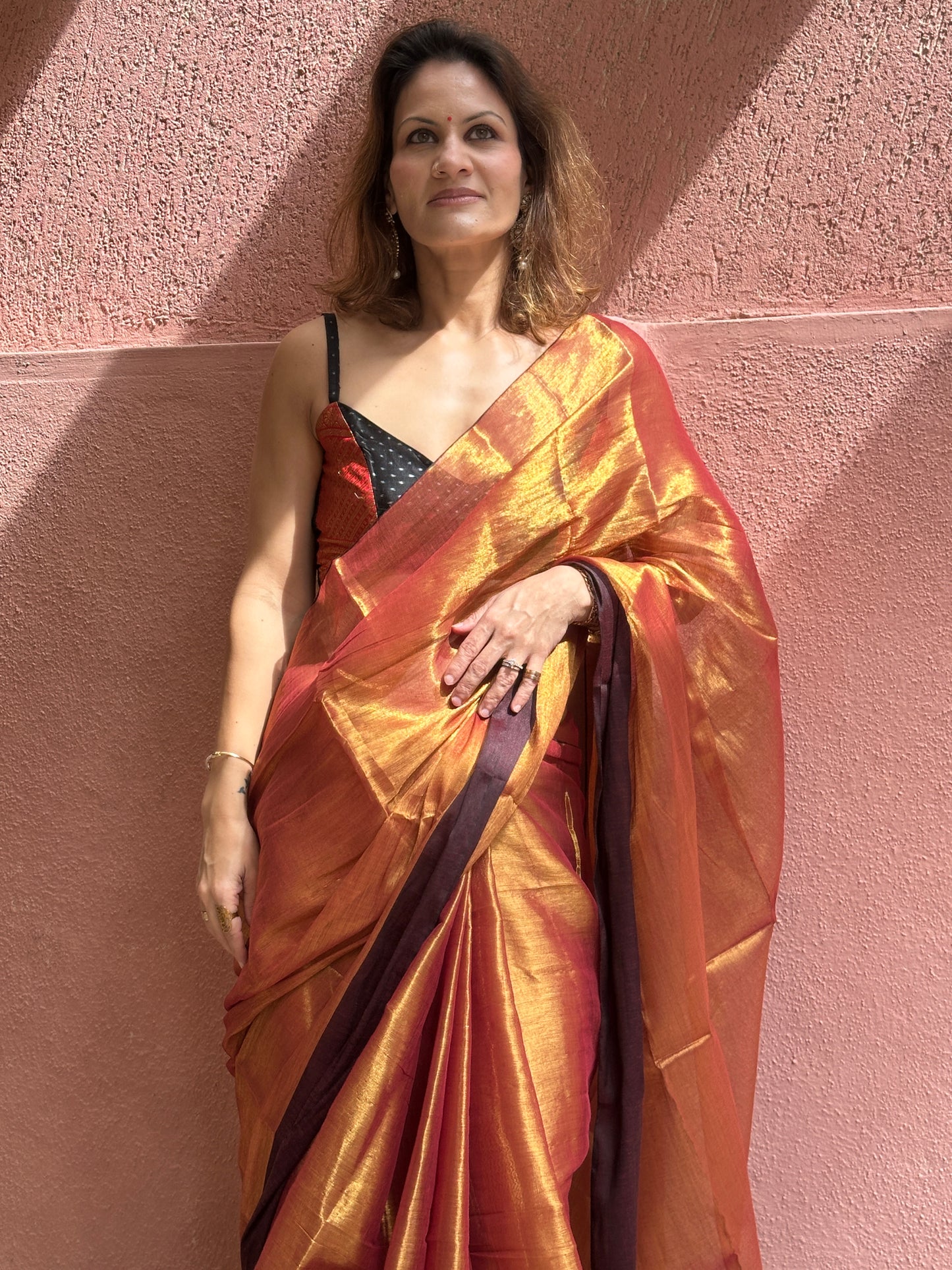 Copper Pure Mul Mul Handwoven Tissue Cotton Saree with Thick Black Border