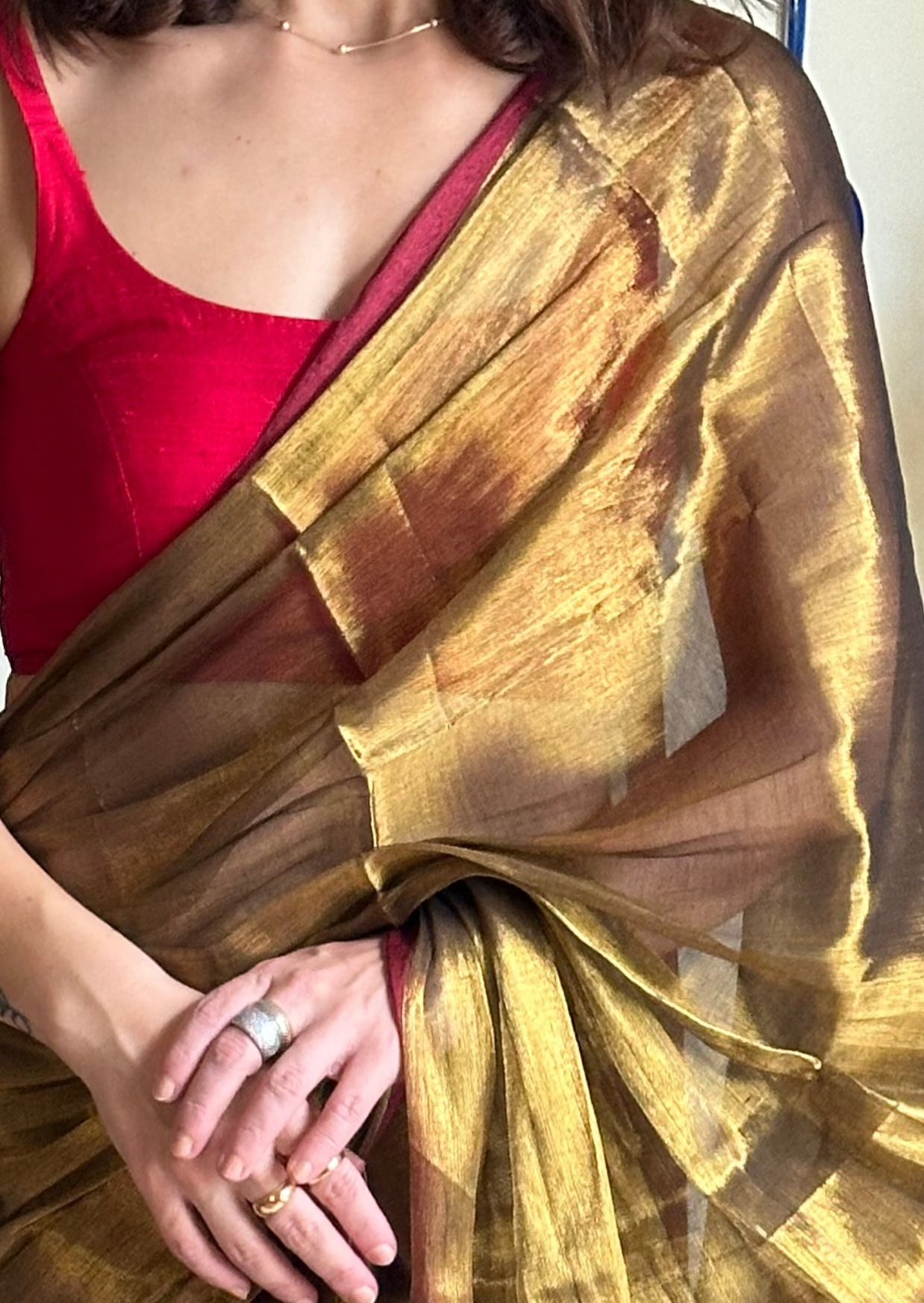 Antique Gold Pure Mul Mul Handwoven Tissue Cotton Sari - Raahini