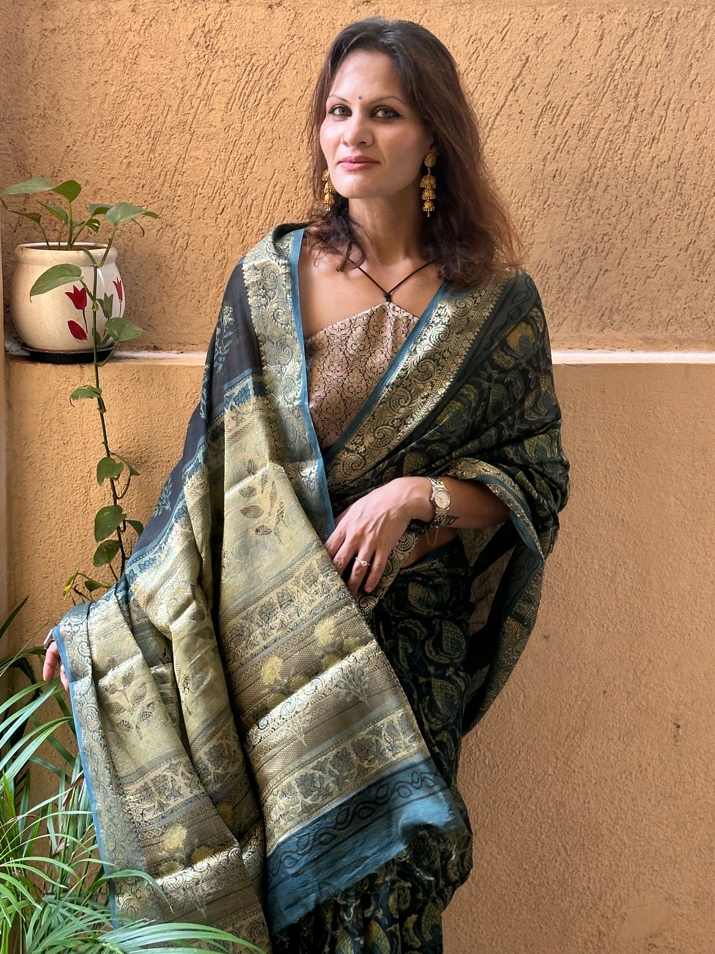 Indigo Green Natural Vanaspati Block Print Maheshwari Sari with Full Zari Pallu