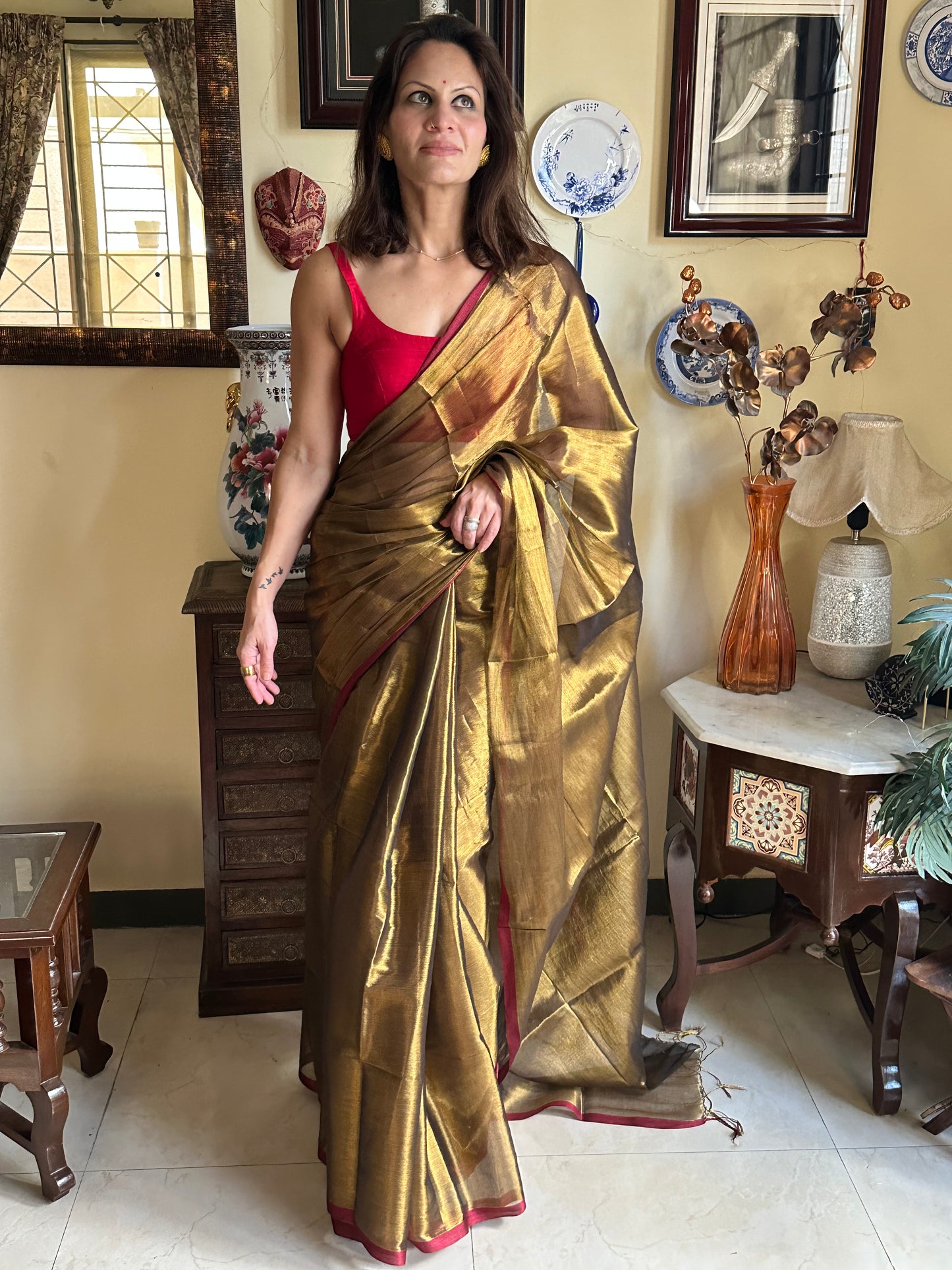 Antique Gold Pure Mul Mul Handwoven Tissue Cotton Sari - Raahini