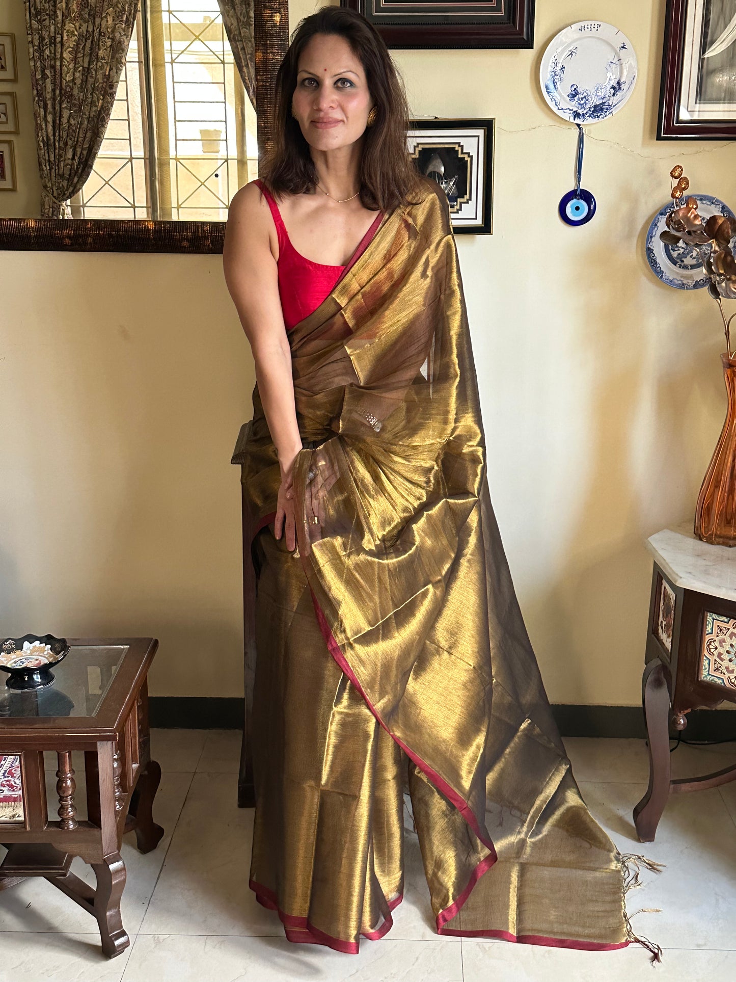 Antique Gold Pure Mul Mul Handwoven Tissue Cotton Sari - Raahini