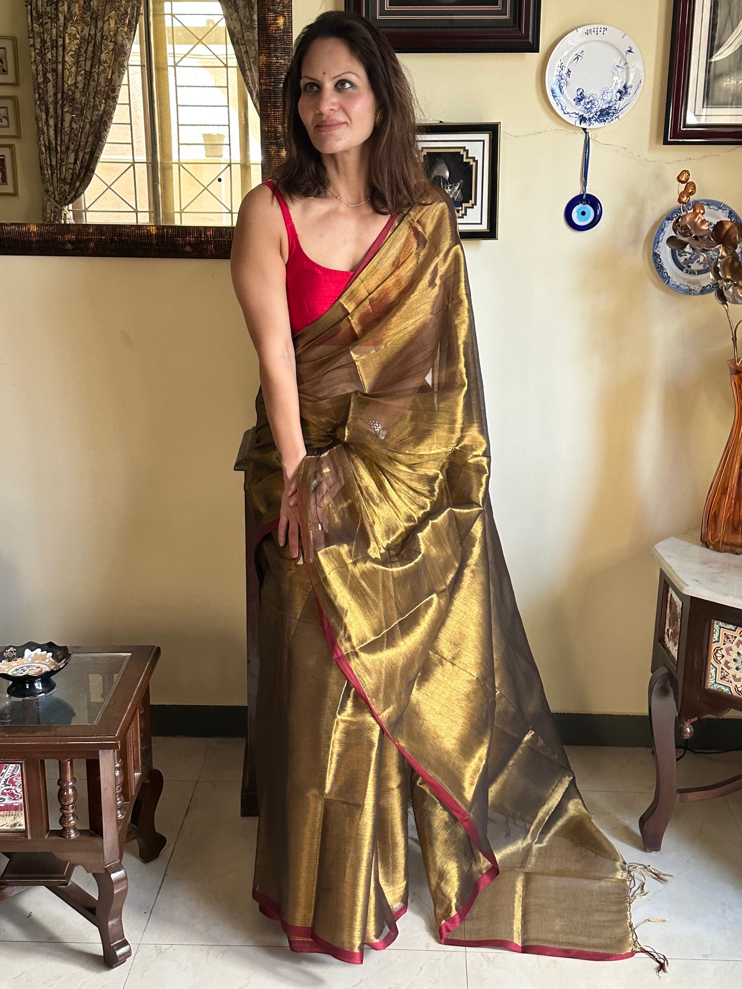 Antique Gold Pure Mul Mul Handwoven Tissue Cotton Sari - Raahini